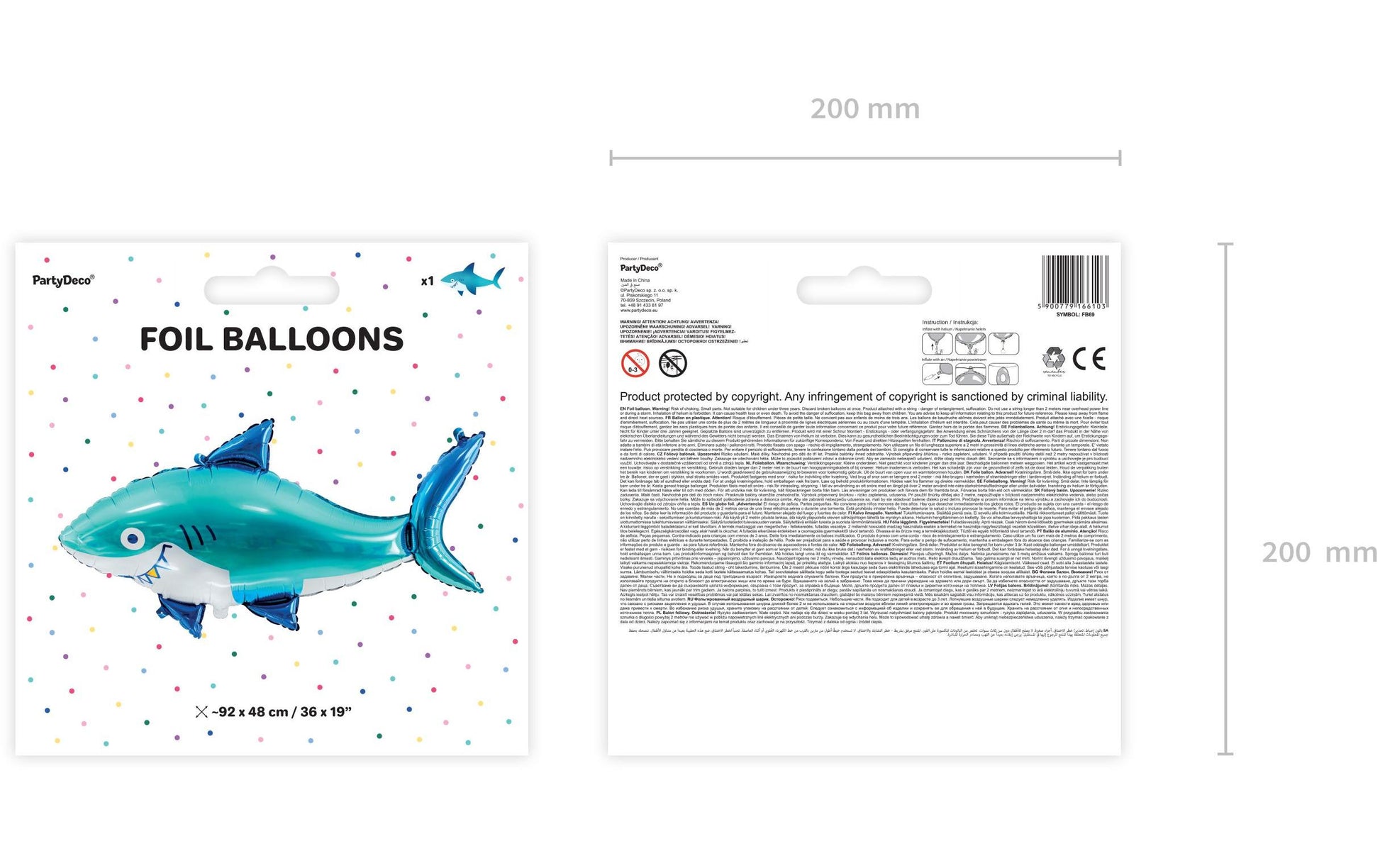 PartyDeco Folienballon Hai – Blau – 92 × 48 cm – Folie – 1 Stück – mit Helium befüllbar