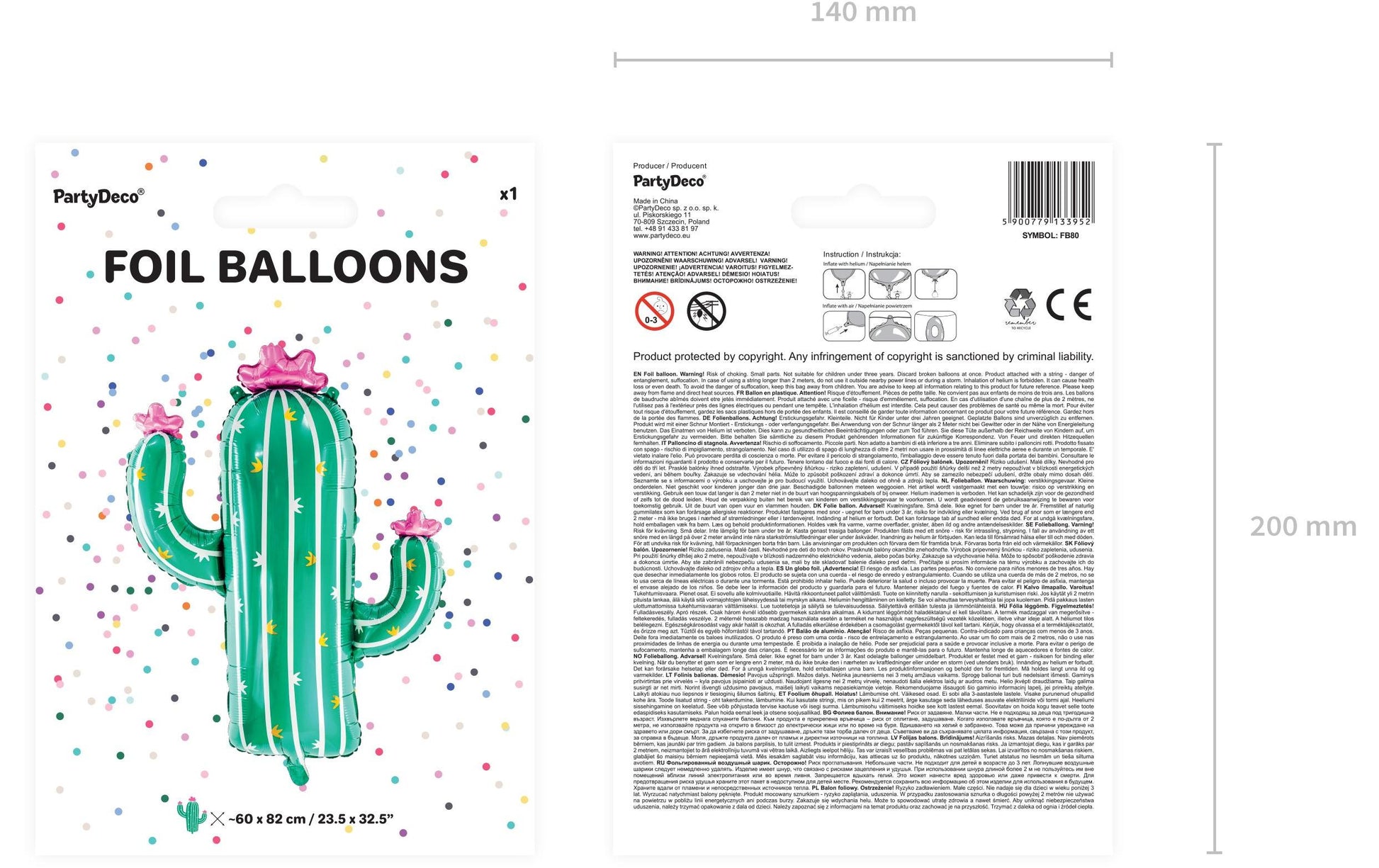 PartyDeco Folienballon Kaktus – Grün – 60 × 82 cm – 1 Stk