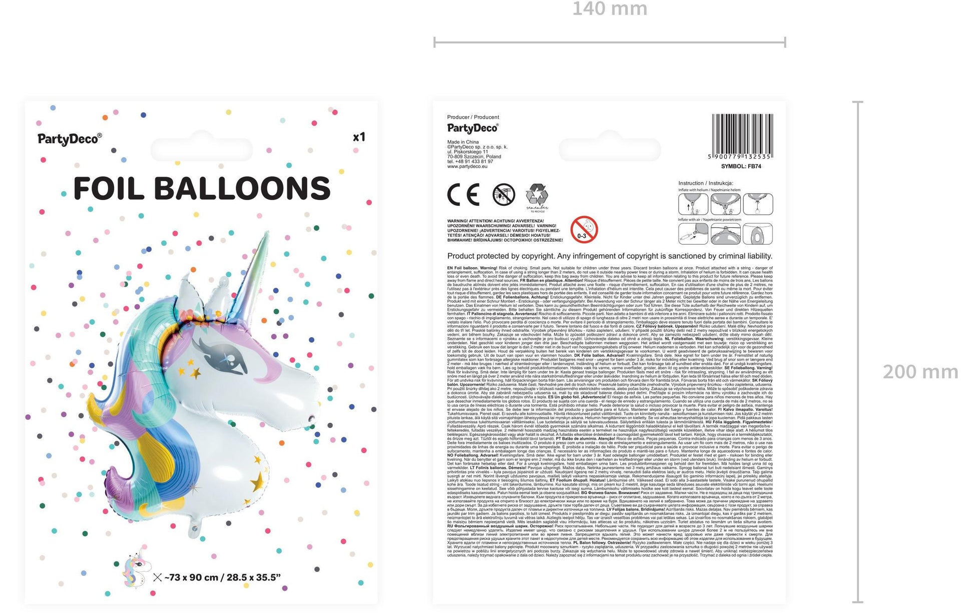 PartyDeco Folienballon Einhorn – mehrfarbig – 73 × 90 cm – 1 Stk