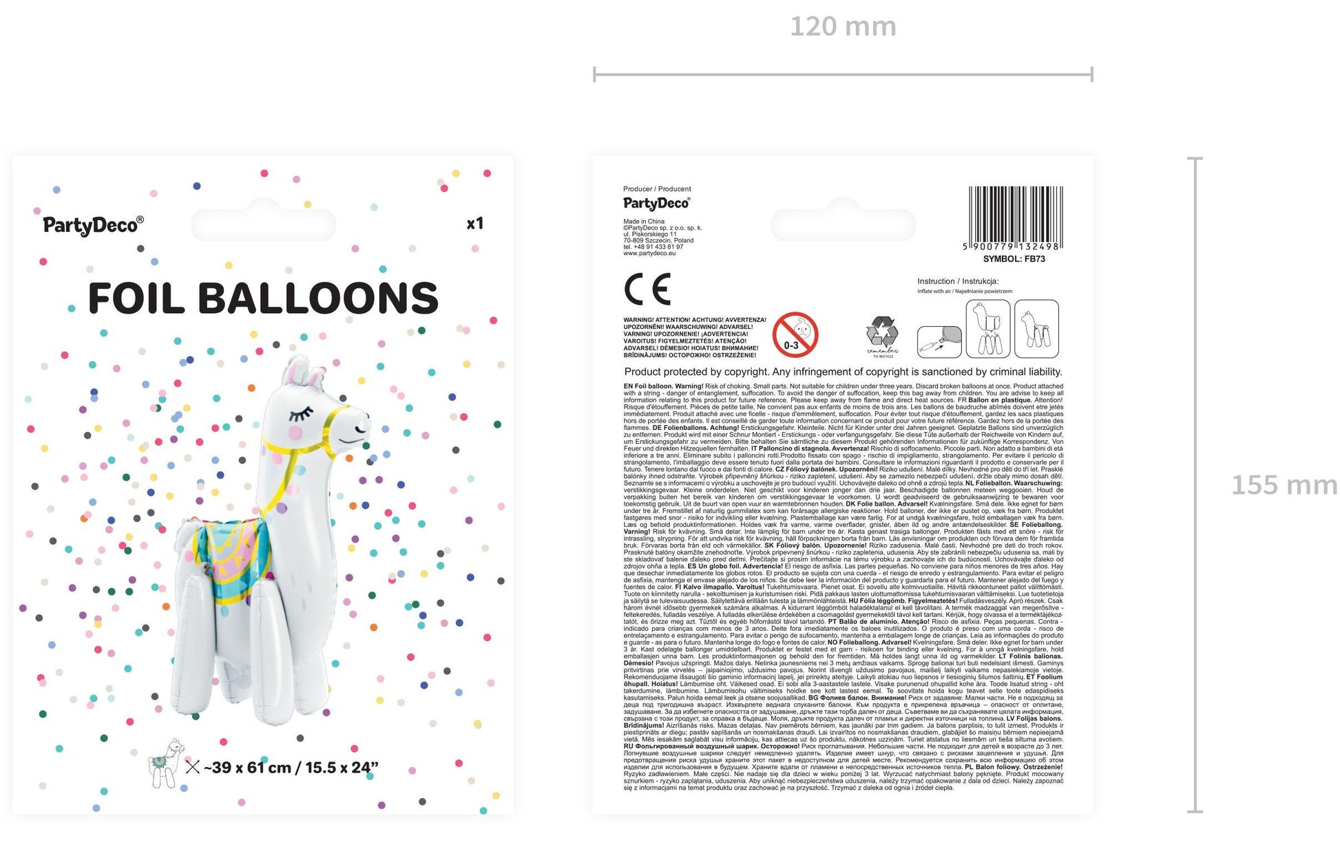 PartyDeco Folienballon Lama – mehrfarbig – 39 × 61 cm – Folie – 1 Stück – mit Helium befüllbar