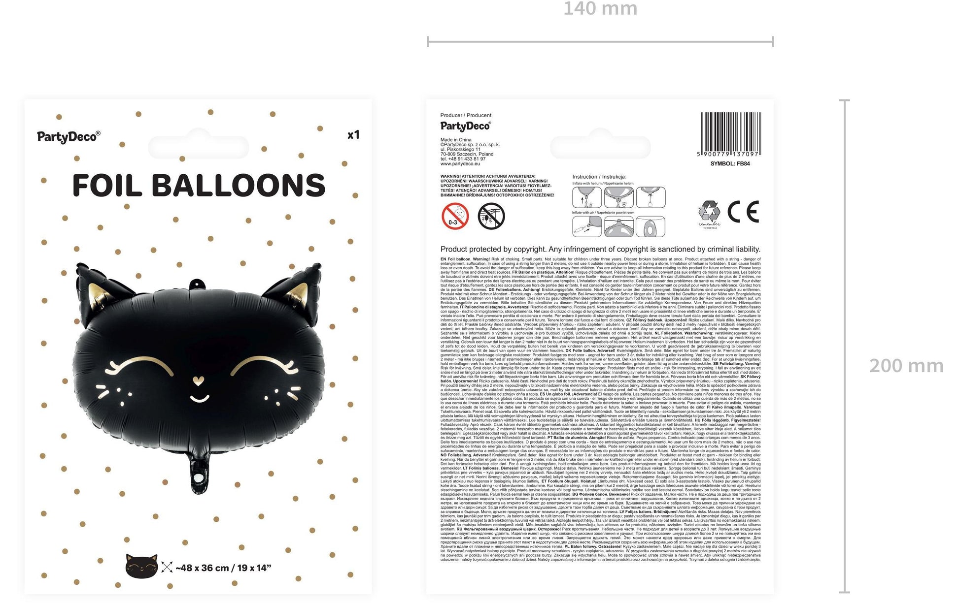 PartyDeco Folienballon Katze – Schwarz/Gold – 48 × 36 cm – 1 Stk