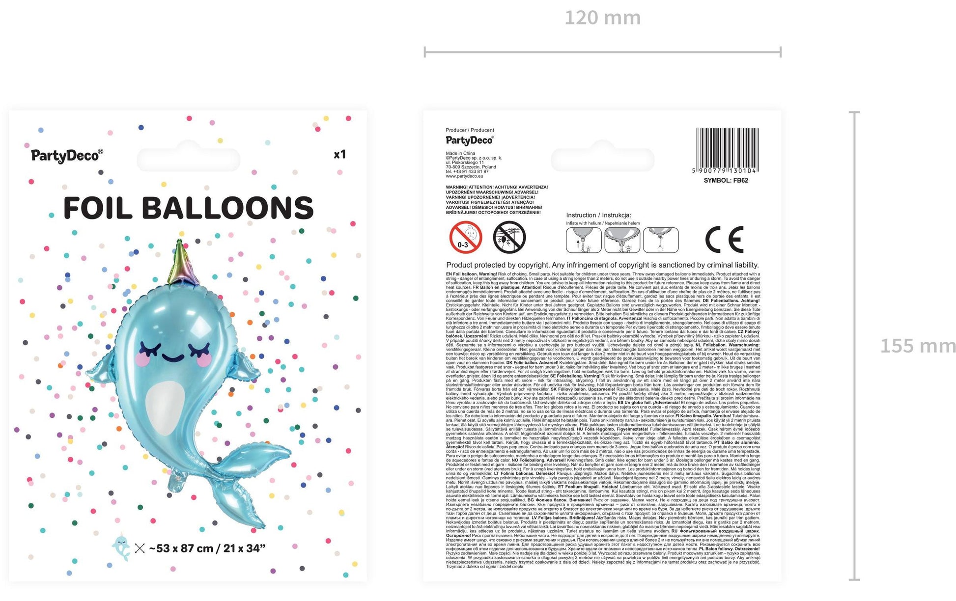 PartyDeco Folienballon Wal – Blau – 53 × 87 cm – 1 Stk