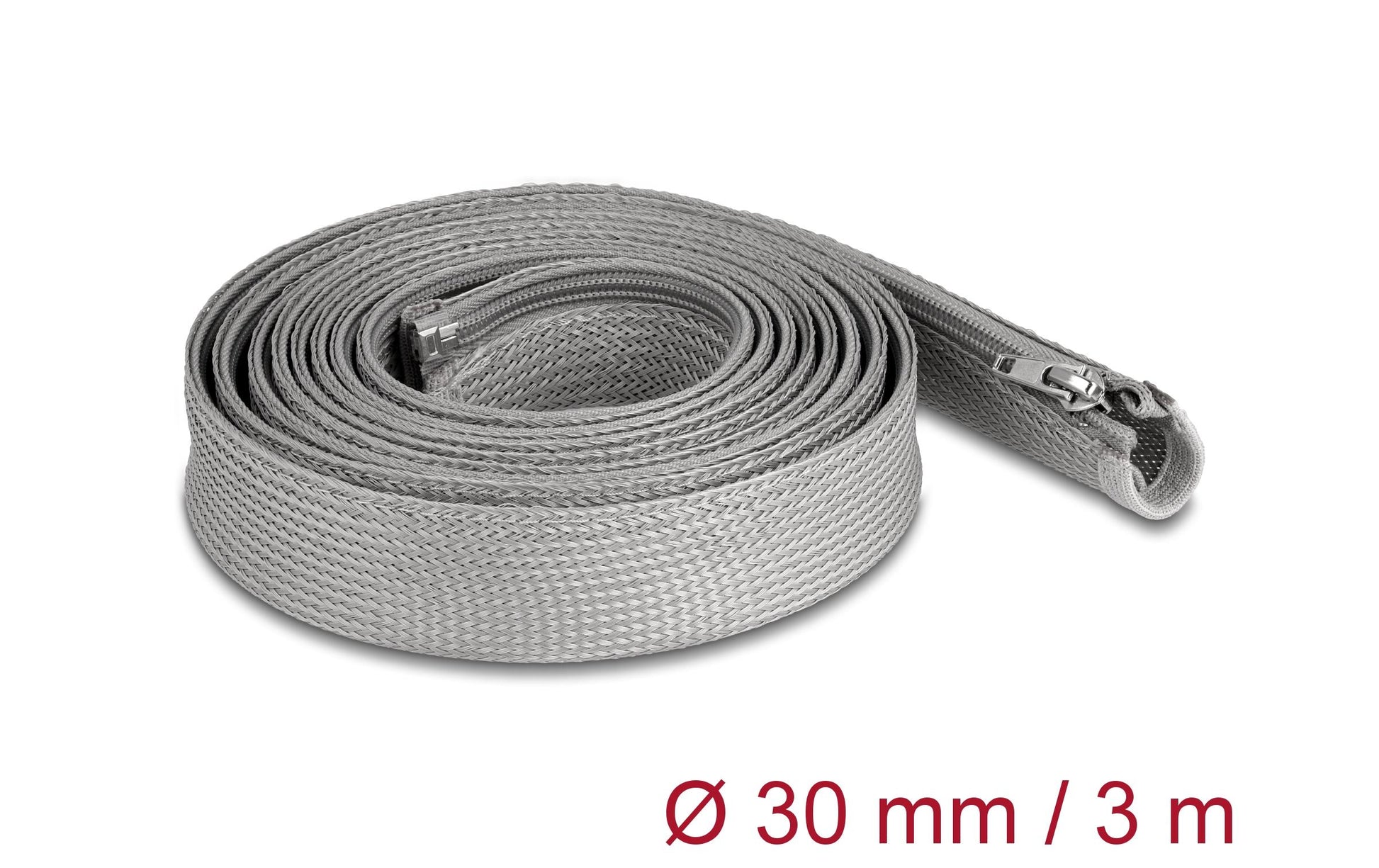 DeLOCK Kabelschlauch, Ø 30 mm × 3 m, Reissverschluss, hitzebeständig – grau