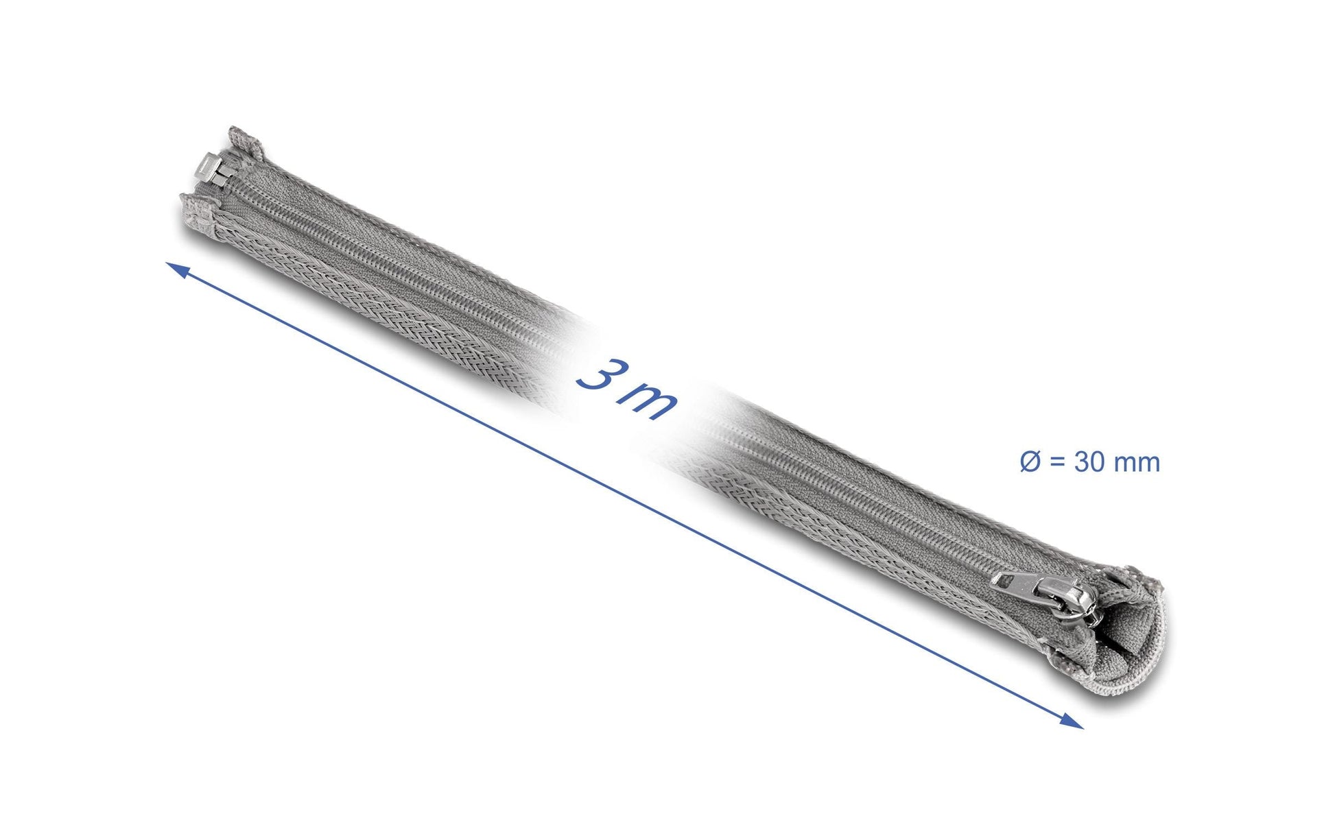 DeLOCK Kabelschlauch, Ø 30 mm × 3 m, Reissverschluss, hitzebeständig – grau