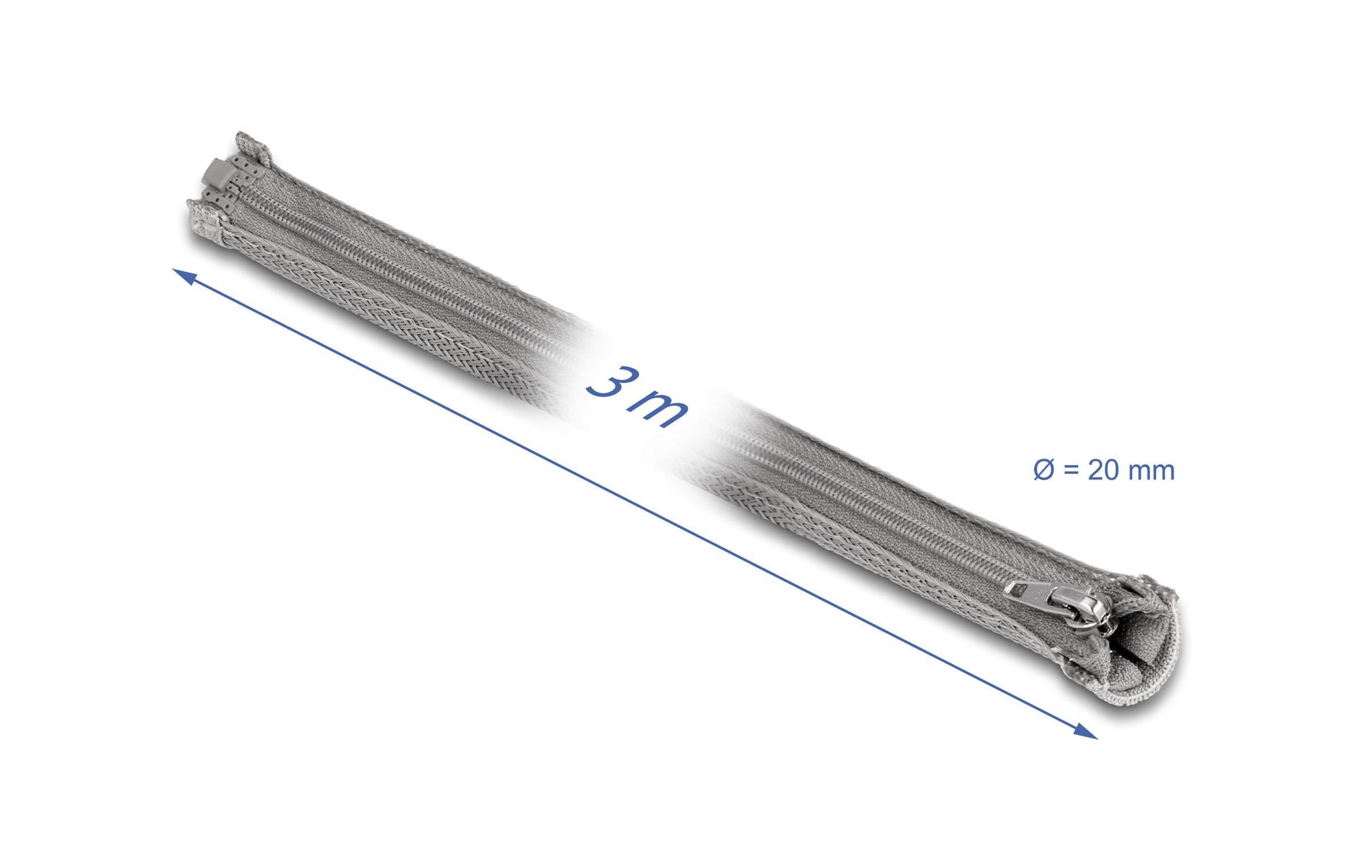 DeLOCK Kabelschlauch Ø 20 mm × 3 m, Reissverschluss, wiederverwendbar – Grau