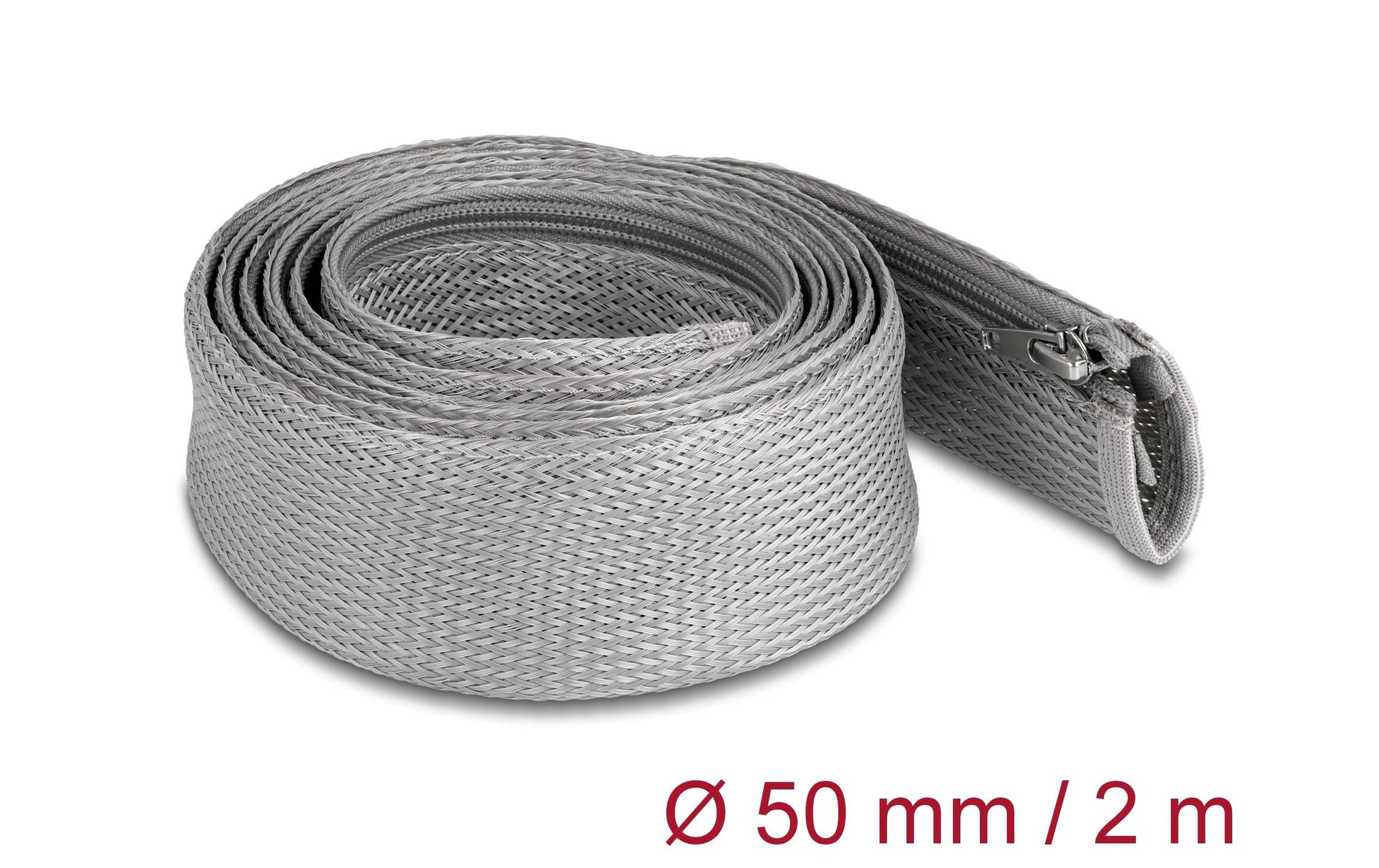 DeLOCK Kabelschlauch, Ø 50 mm × 2 m, Reissverschluss, hitzebeständig (−50 bis 150 °C) – Grau