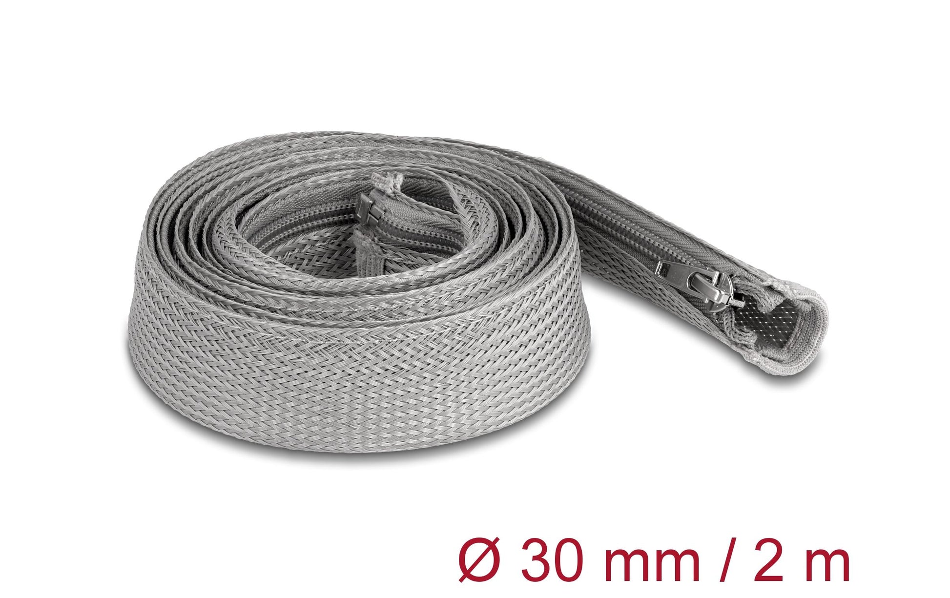 DeLOCK Kabelschlauch, Ø 30 mm × 2 m, Reissverschluss, wiederverwendbar, hitzebeständig -50 bis 150 °C – grau