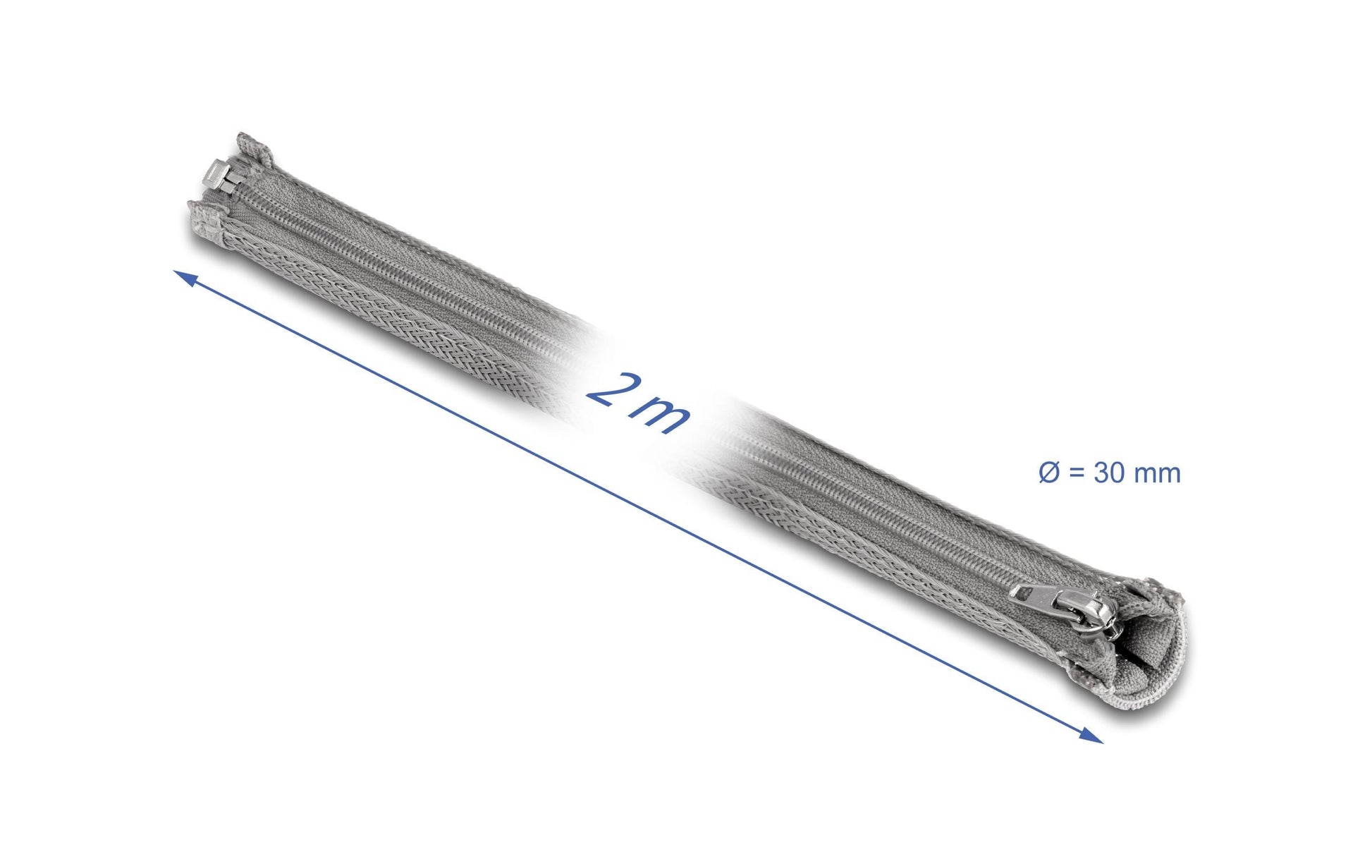 DeLOCK Kabelschlauch, Ø 30 mm × 2 m, Reissverschluss, wiederverwendbar, hitzebeständig -50 bis 150 °C – grau