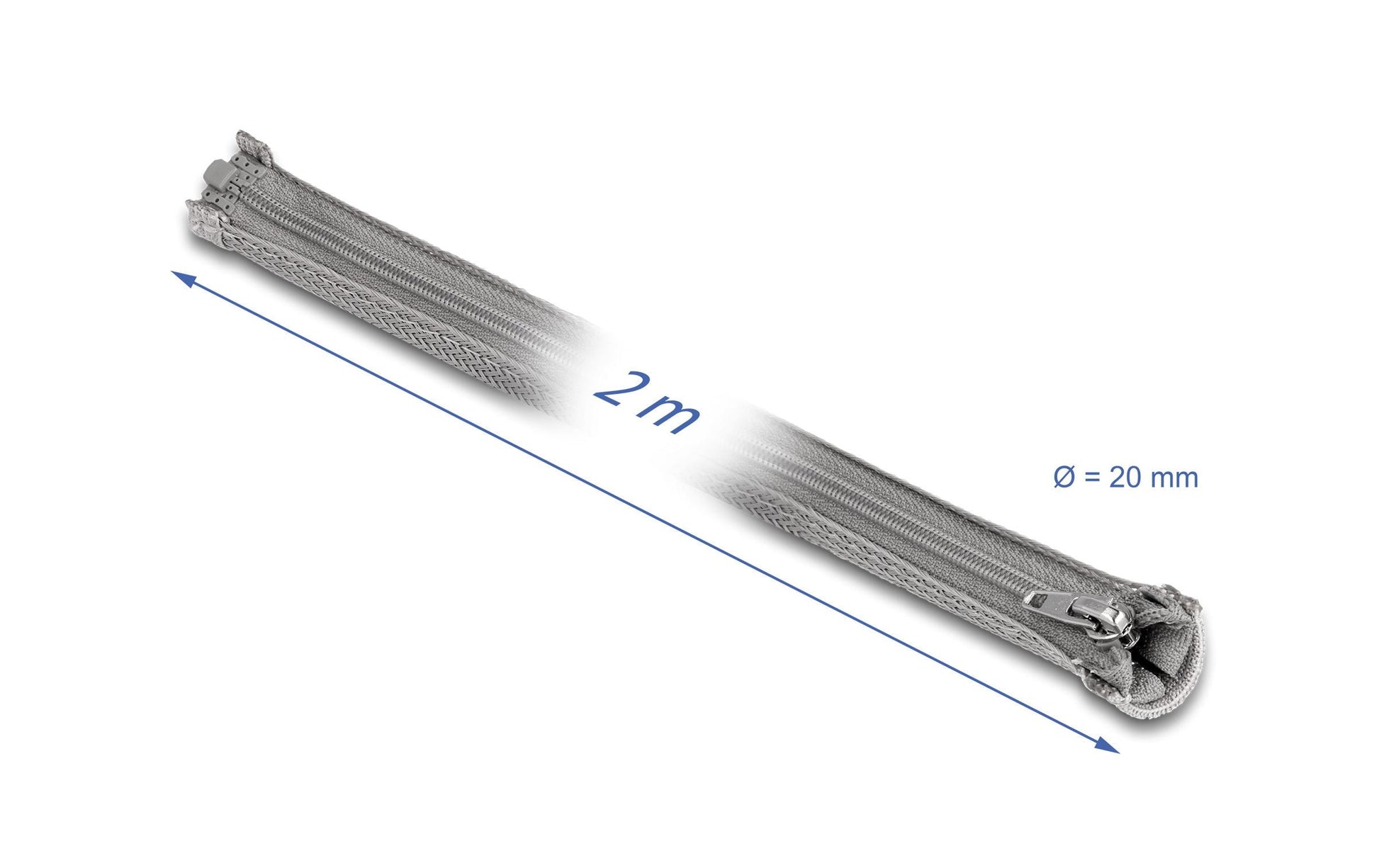 DeLOCK Kabelschlauch, Ø 20 mm × 2 m, wiederverwendbar, Reissverschluss – grau