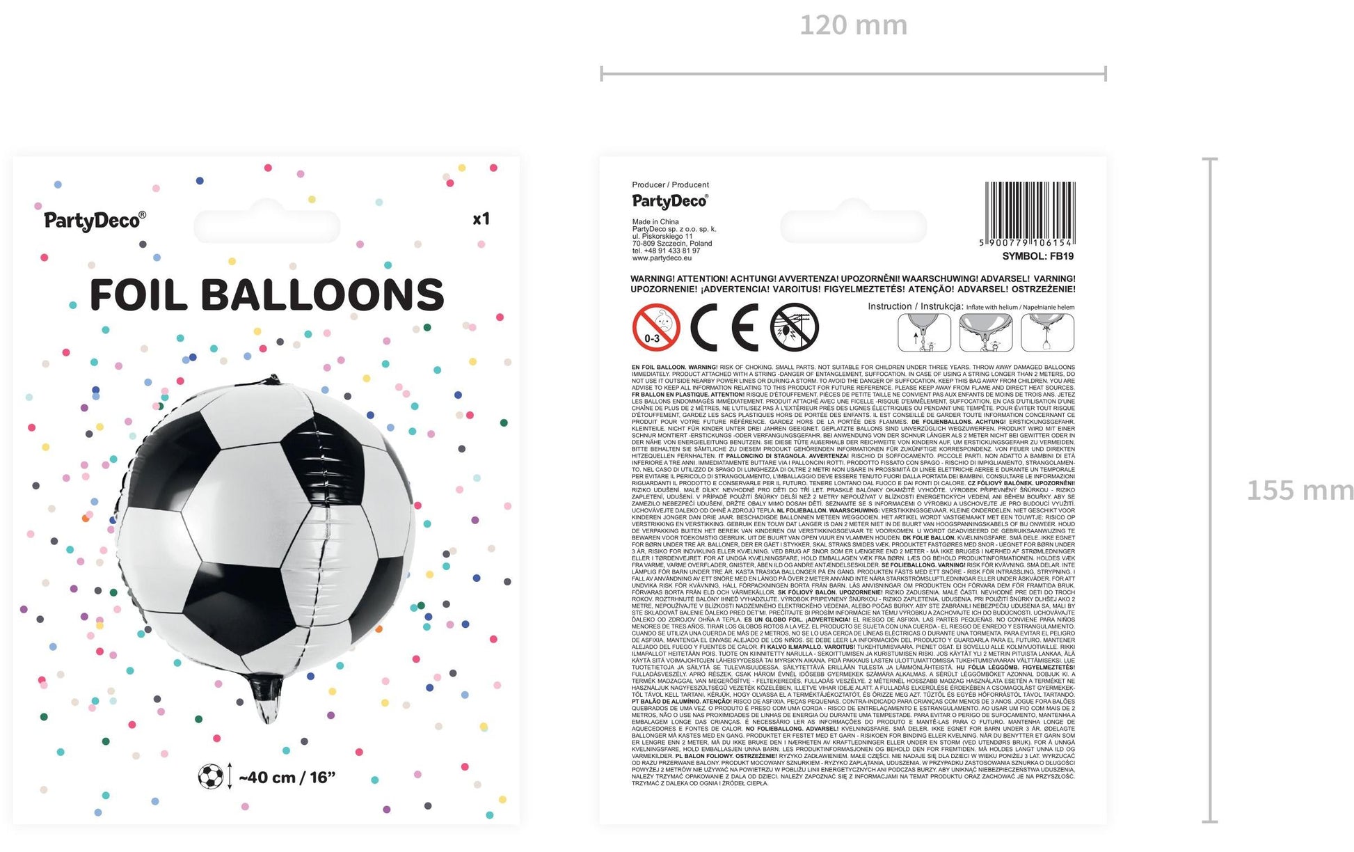 PartyDeco Folienballon Fussball – Weiss – Ø 40 cm – Folie – 1 Stk