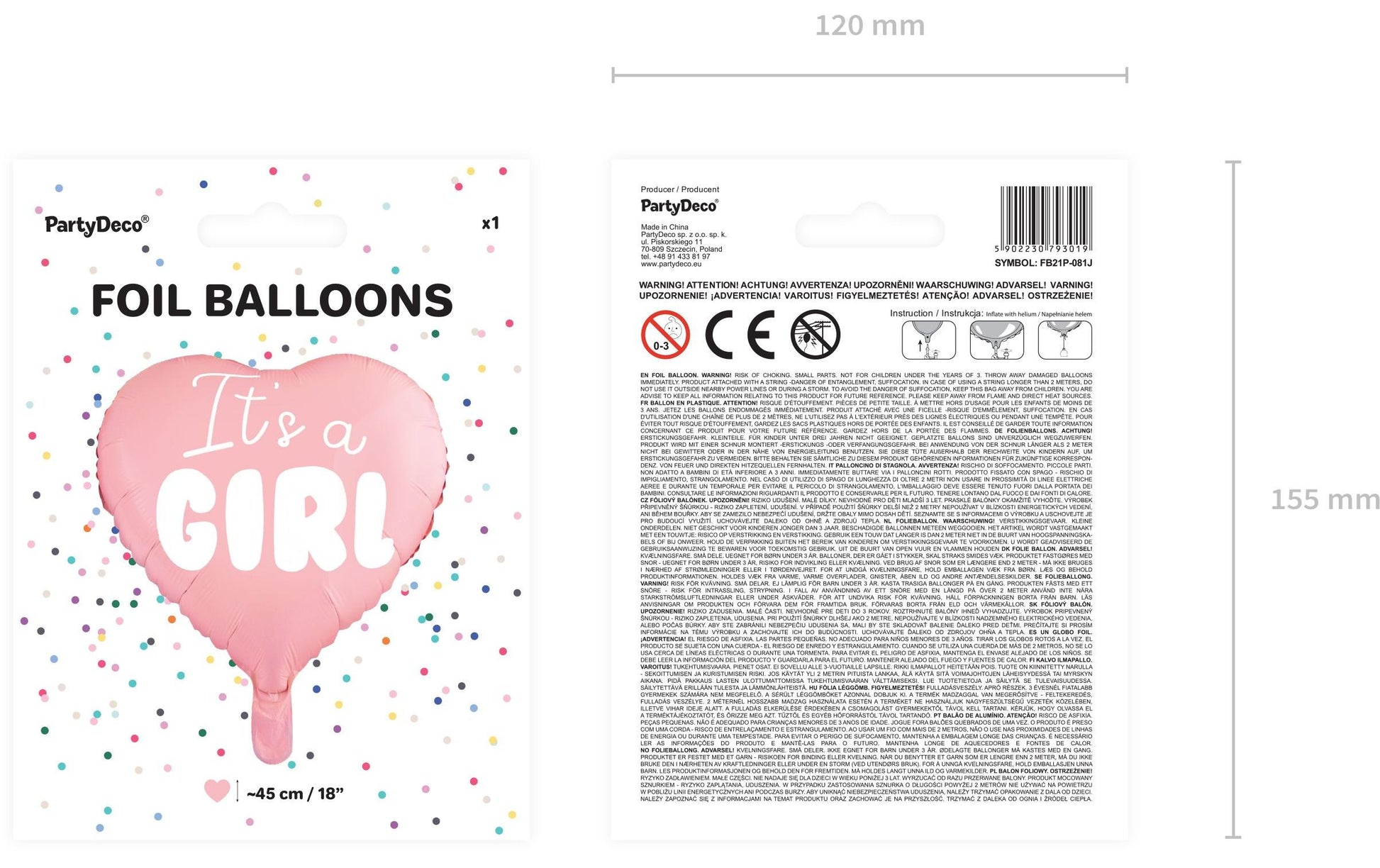 PartyDeco Folienballon Baby (Herz) – Rosa/Weiss – Ø 45 cm – Folie – 1 Stück – mit Helium befüllbar