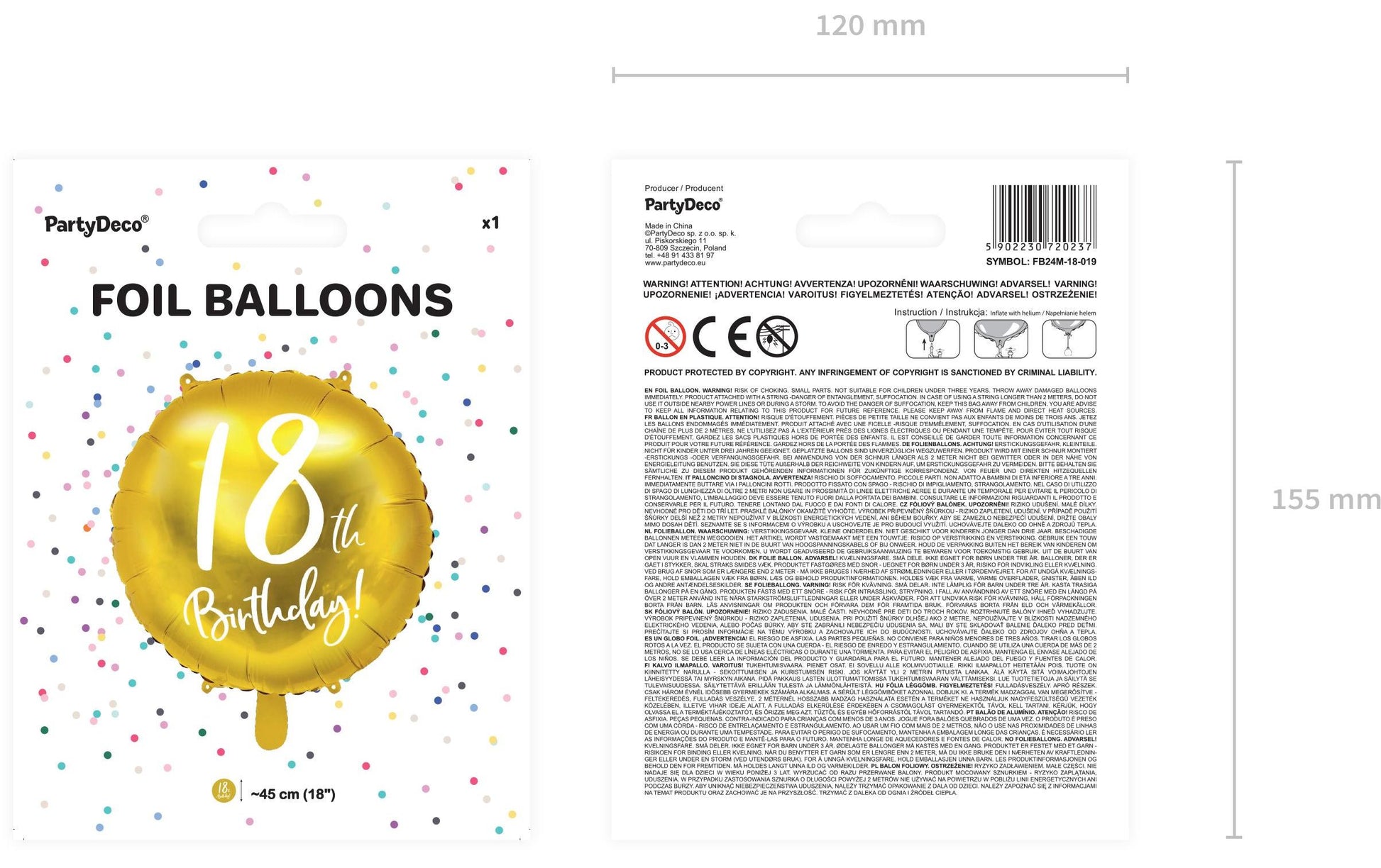 PartyDeco Folienballon – Ø 45 cm – Folie, Mehrfarbig