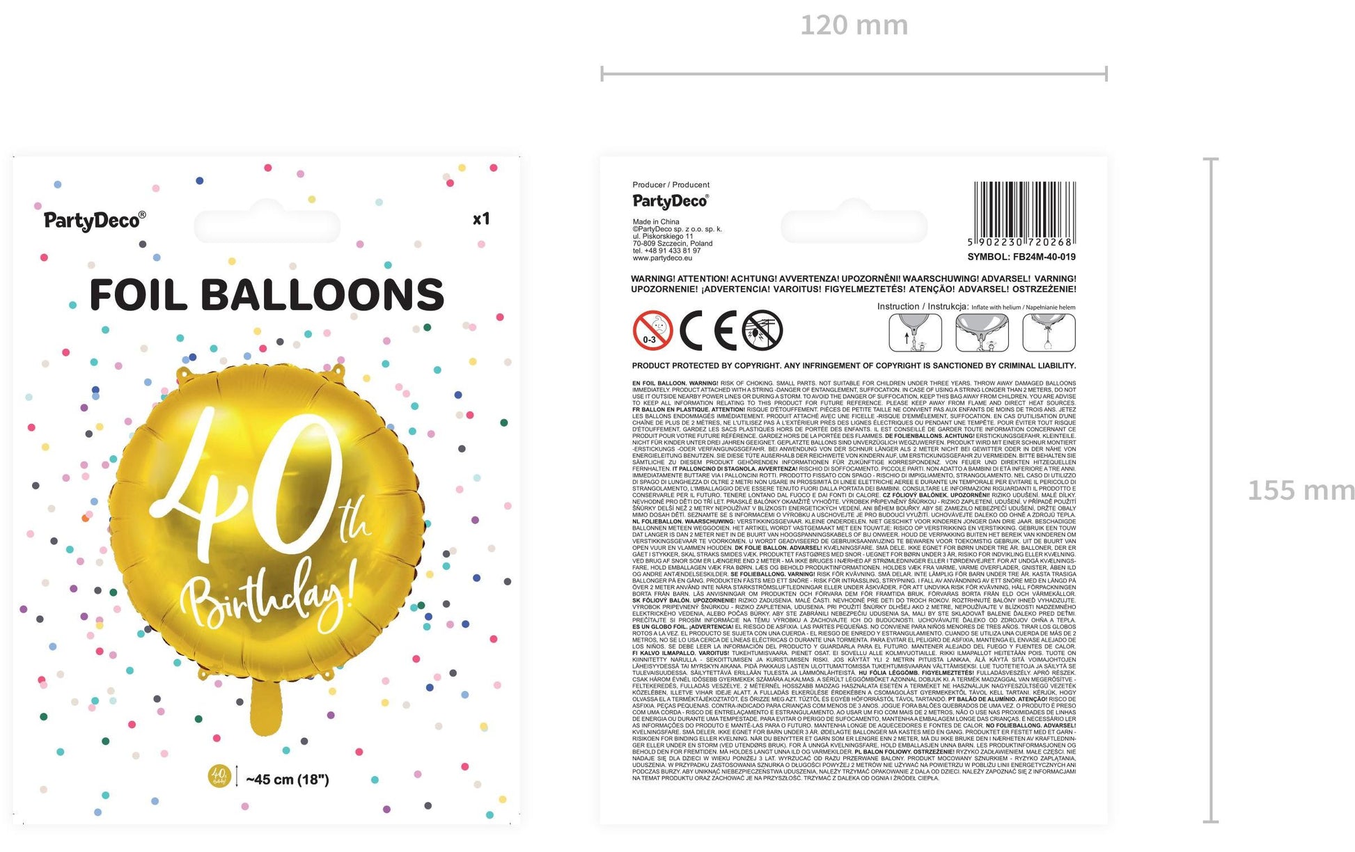 PartyDeco Folienballon Zahl 40 Geburtstag – Gold/Weiss – Ø 45 cm – Folie – 1 Stück