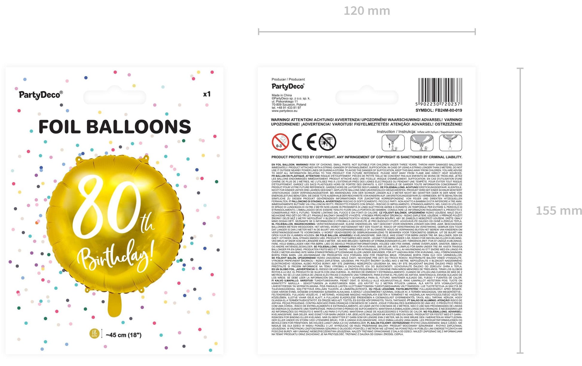 PartyDeco Folienballon Zahl 80 – Gold/Weiss – Ø 45 cm – Folie – 1 Stück – mit Helium befüllbar