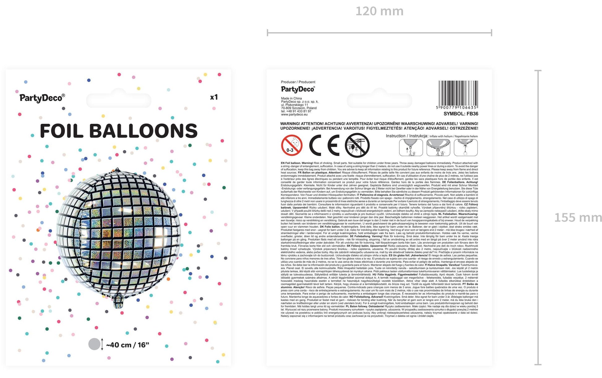 PartyDeco Folienballon Kugel – Silber – Ø 40 cm – Folie – 1 Stück – mit Helium befüllbar
