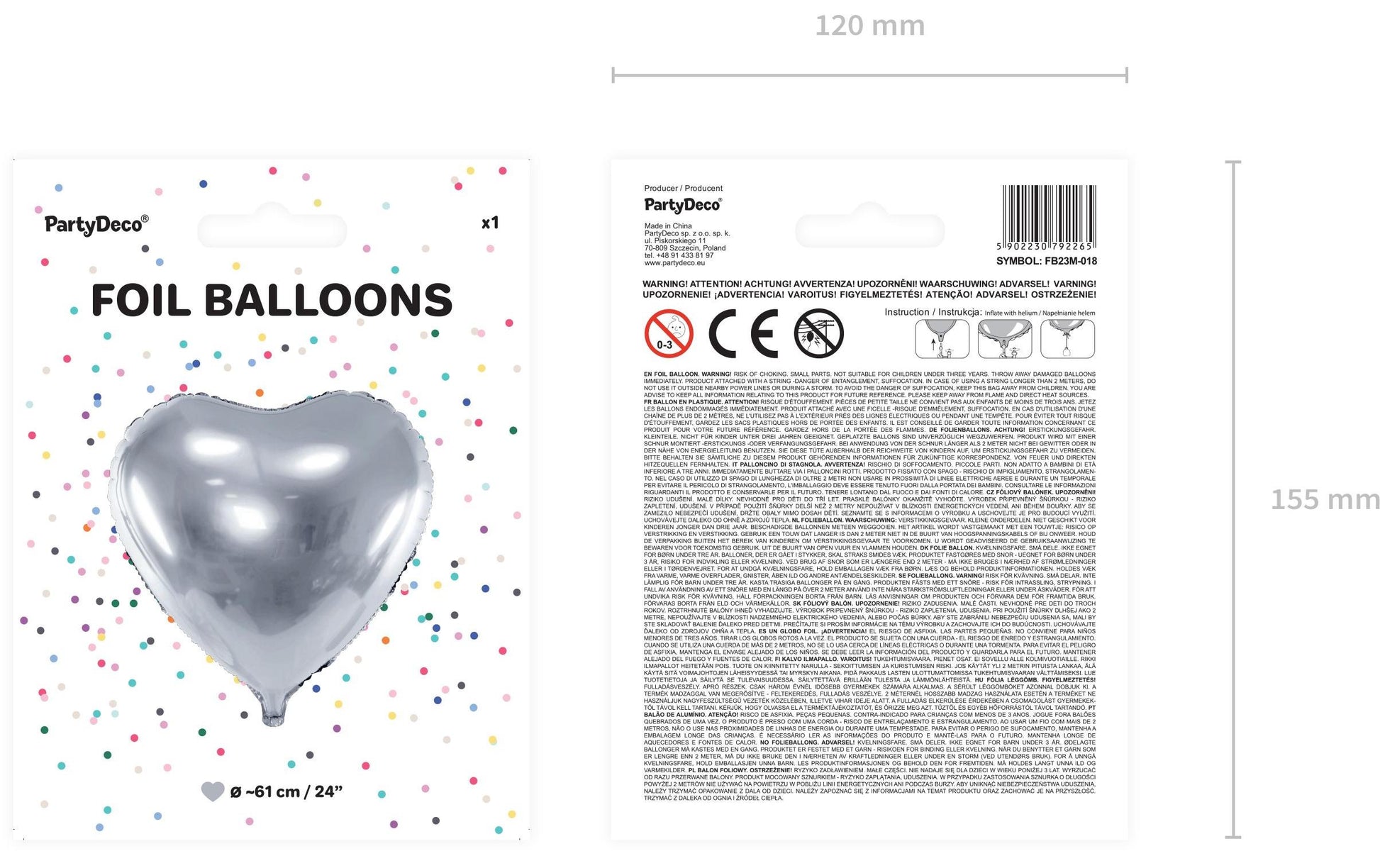 PartyDeco Folienballon Herz – Silber – Ø 61 cm – Folie – 1 Stück – mit Helium befüllbar