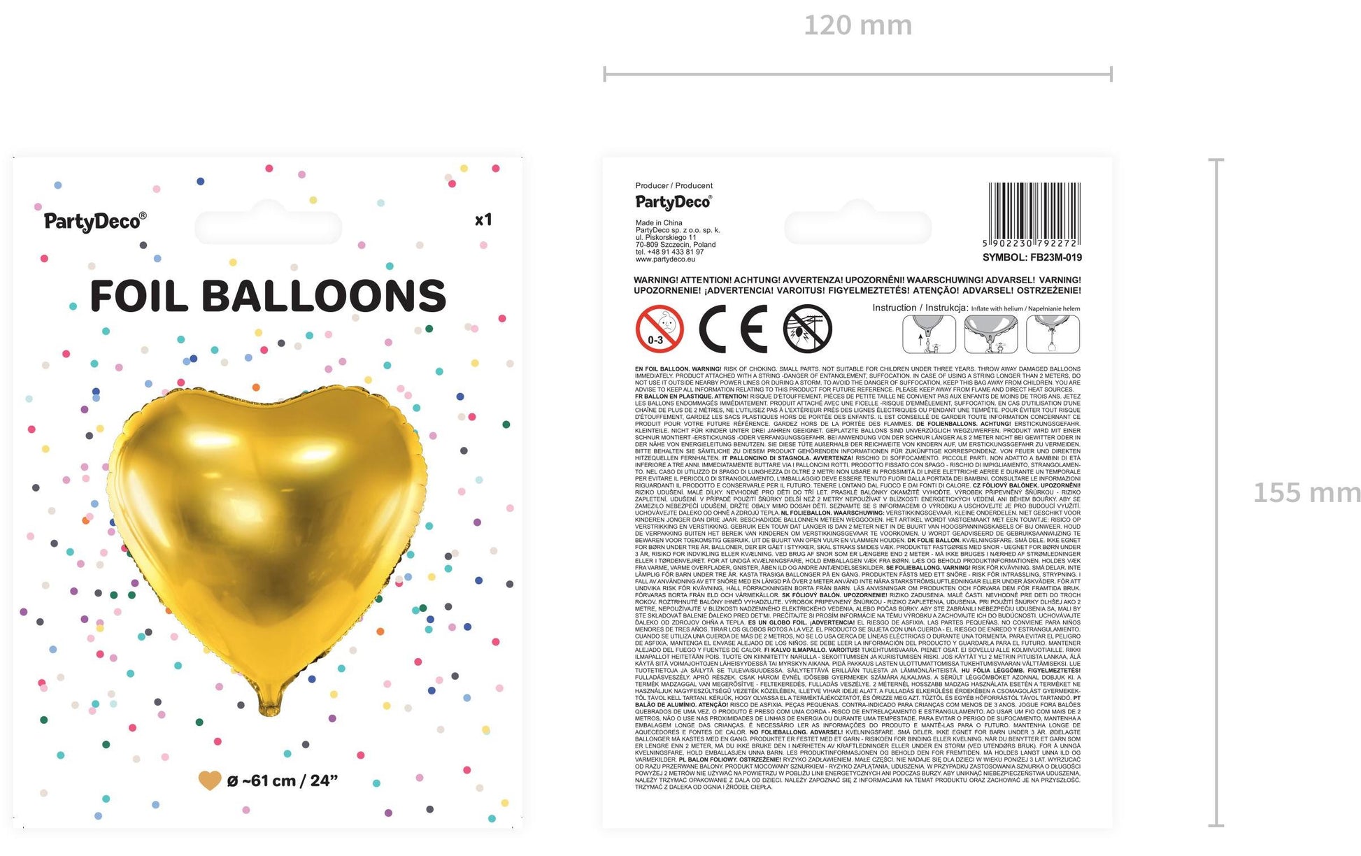 PartyDeco Folienballon Herz – Gold – Ø 61 cm – Folie – 1 Stk – mit Helium befüllbar