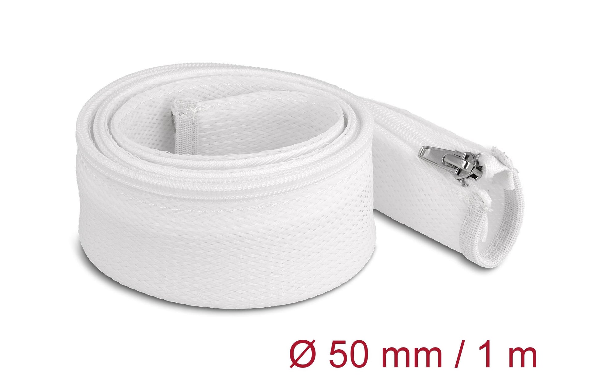DeLOCK Kabelschlauch Ø 50 mm, 1 m, wiederverwendbar, Reissverschluss, hitzebeständig – weiss