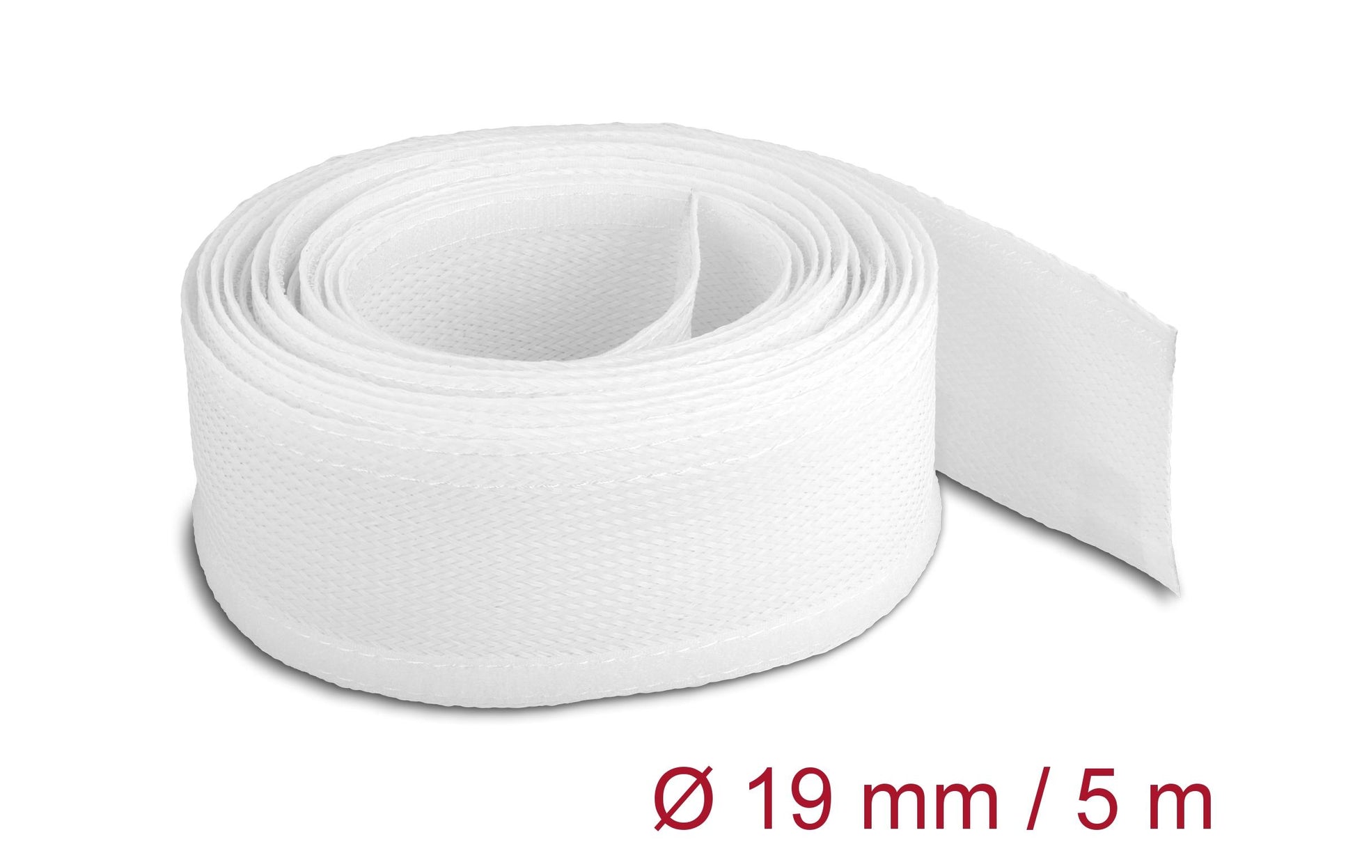 DeLOCK Kabelschlauch, Ø 19 mm × 5 m, Polyester, Zuschneidbar, Klettverschluss – Weiss