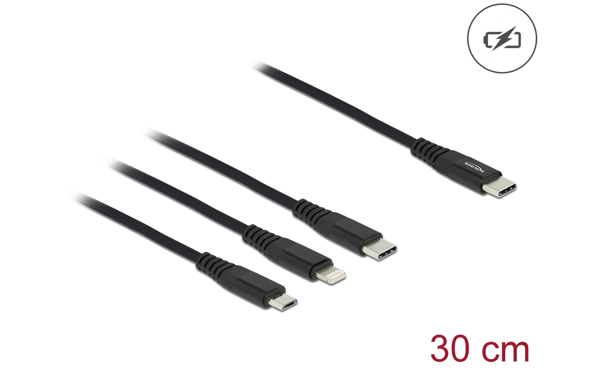 DeLOCK USB-C auf Lightning/Micro-USB/USB-C Kabel – USB 2.0 (480 Mbit/s) – 0,3 m – Textilmantel