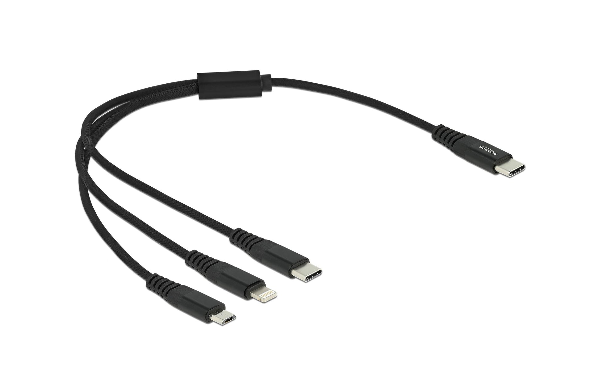 DeLOCK USB-C auf Lightning/Micro-USB/USB-C Kabel – USB 2.0 (480 Mbit/s) – 0,3 m – Textilmantel