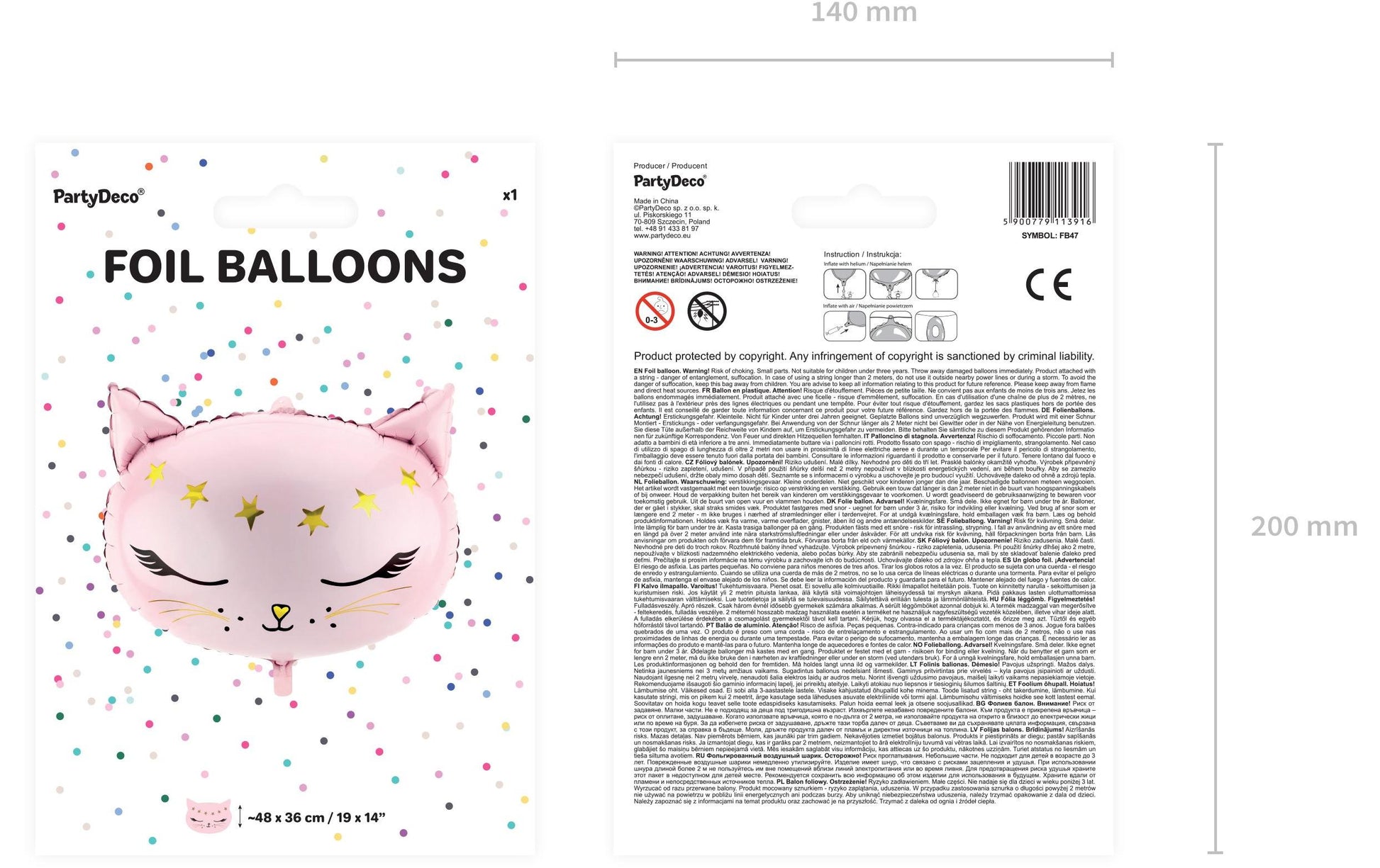 PartyDeco Folienballon Katze – Rosa – 48 × 36 cm – Folie – 1 Stk