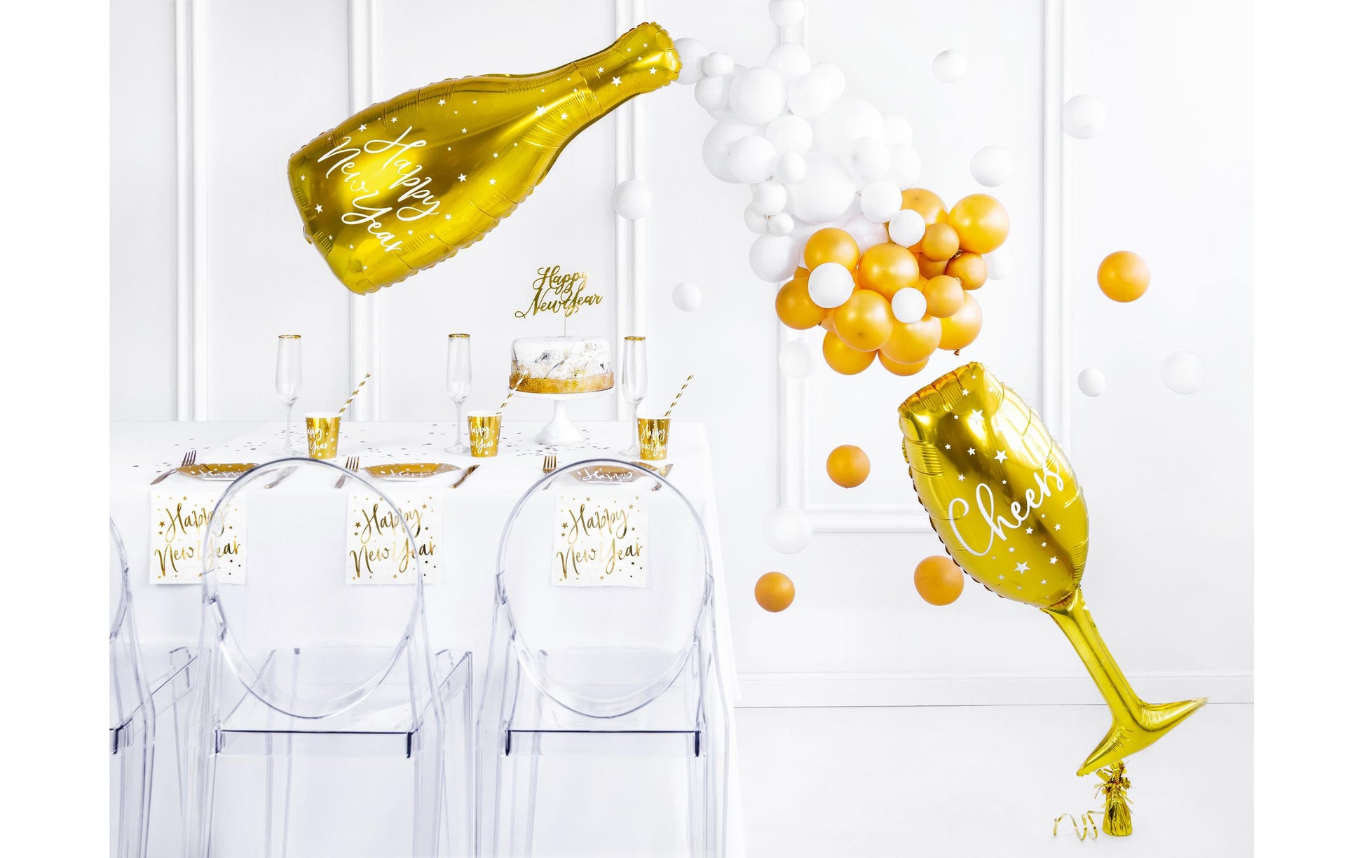 PartyDeco Folienballon Glas – Gold/Weiss – 28 × 80 cm – Folie – 1 Stk