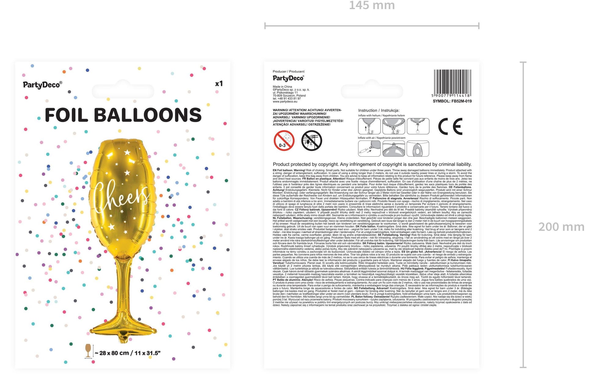 PartyDeco Folienballon Glas – Gold/Weiss – 28 × 80 cm – Folie – 1 Stk
