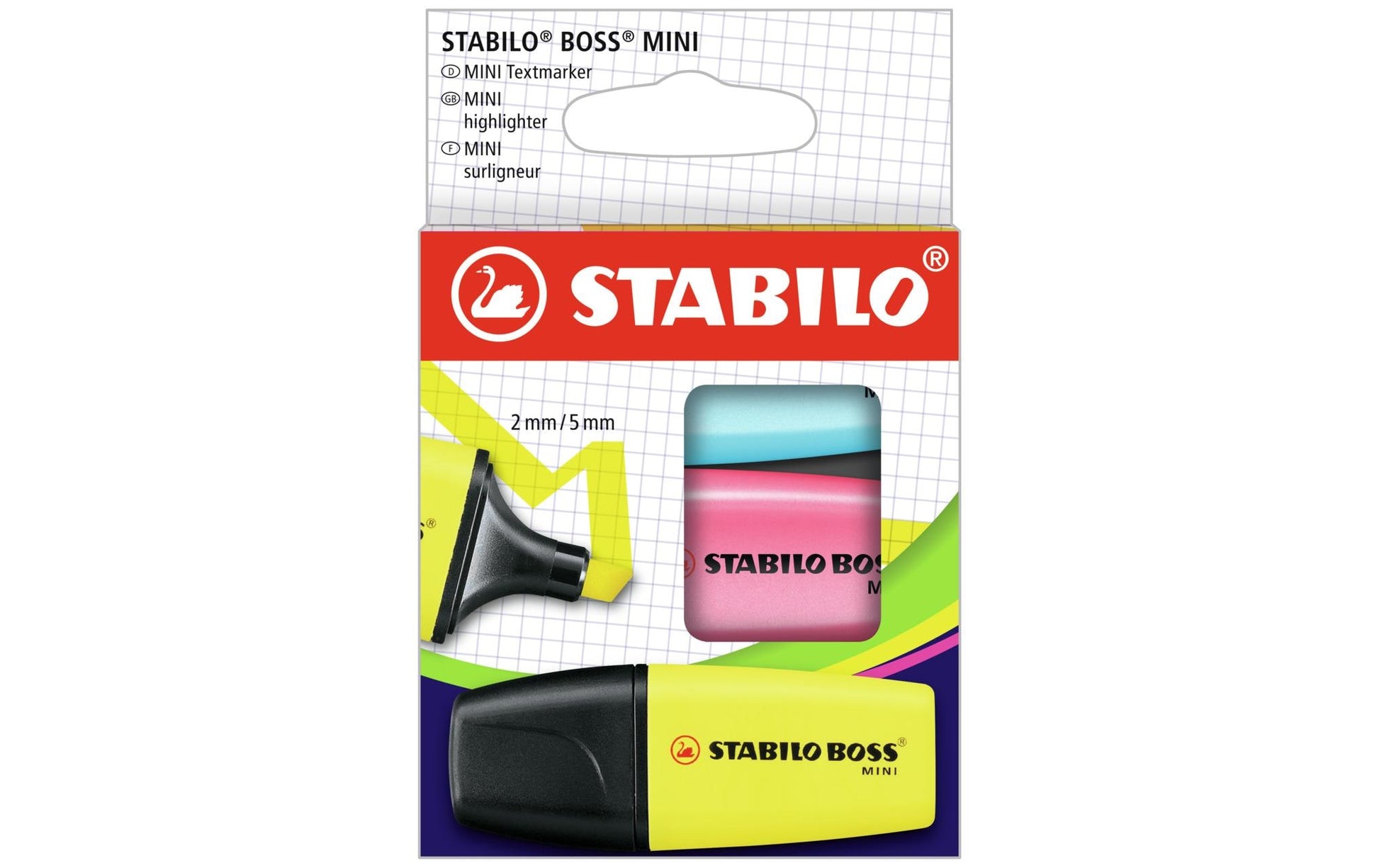 STABILO BOSS Textmarker Mini Set 3 Farben – Keilspitze, 2–5 mm