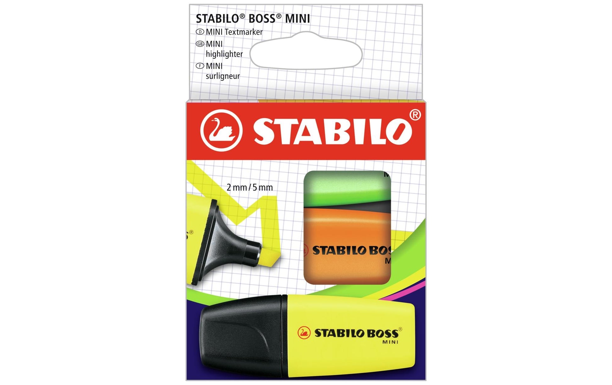 STABILO BOSS Textmarker Mini Set 3 Farben – Keilspitze, 2–5 mm