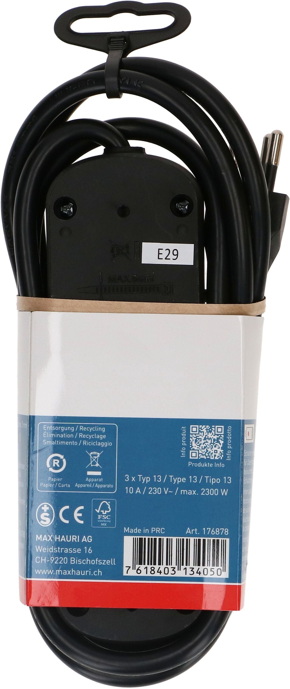 Max Hauri AG Max Hauri Basic Line – Steckdosenleiste, 3× T13, mit Schalter, 1,5 m, Stecker T12, IP20