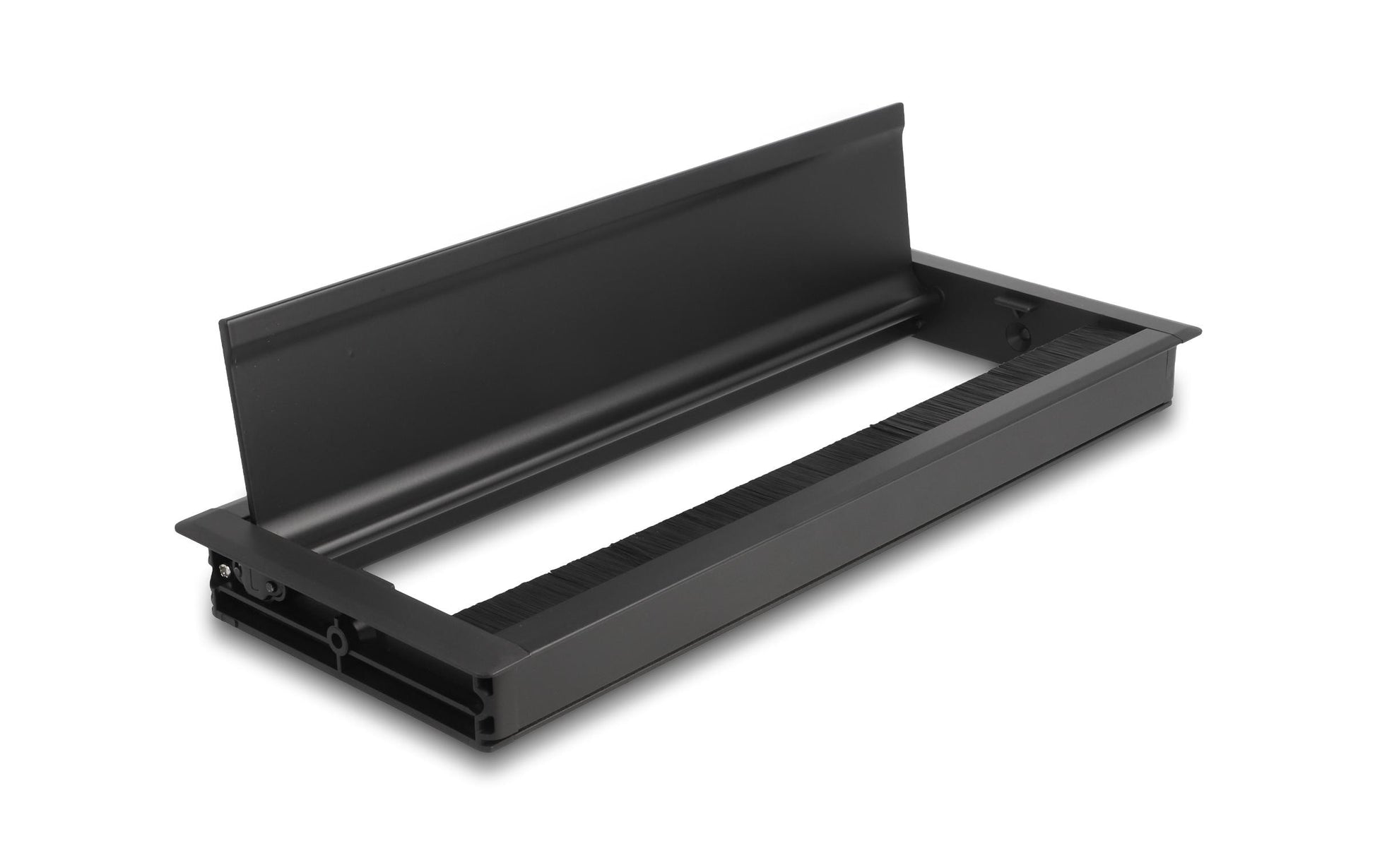 DeLOCK Kabeldurchführung für Tischeinbau, 300 × 120 × 28 mm, Aluminium, schwarz, mit Bürste, Montageset
