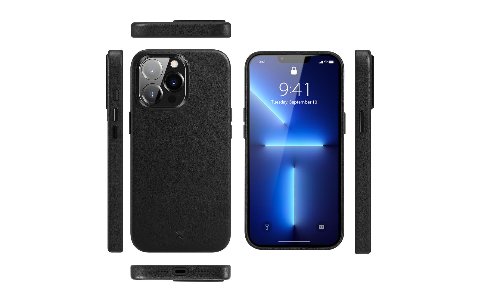 nevox StyleShell PRO Backcover – für Apple iPhone 15 Pro, MagSafe, Leder+Mikrofaser+PC, Schwarz