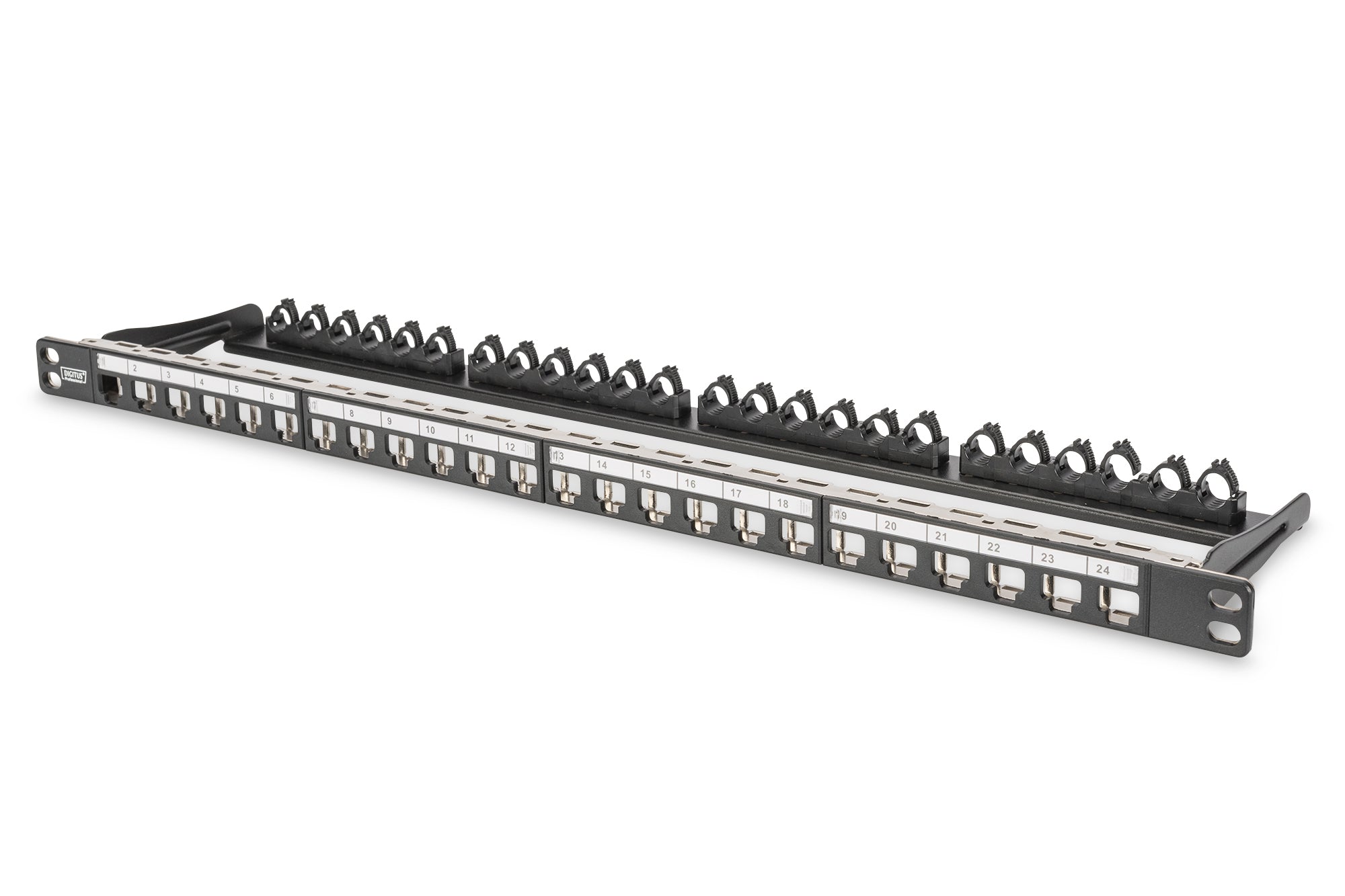 Digitus Patchpanel – 24× RJ‑45, Cat6a, geschirmt, 0,5U, Schwarz, SPCC, Rackeinbau