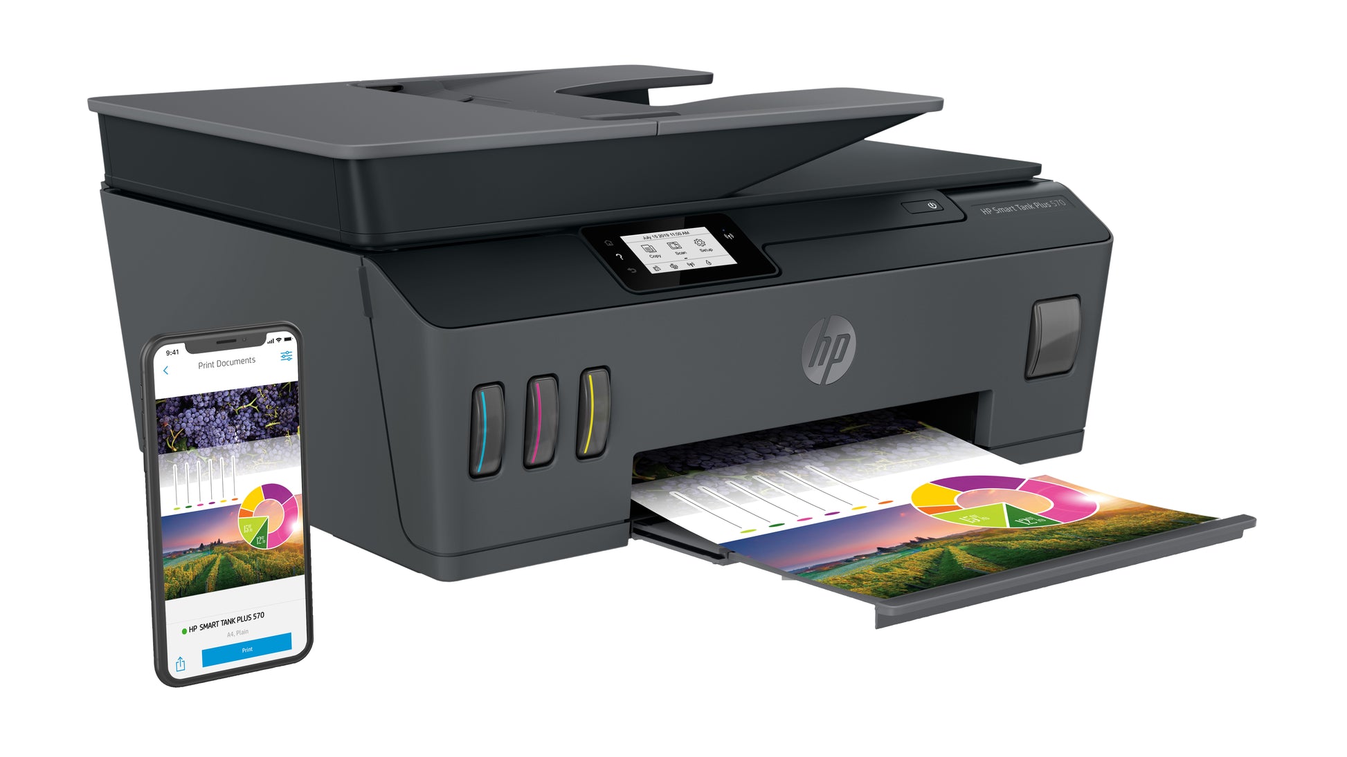 HP Smart Tank Plus 570 Wireless – Farbiger Tintenstrahl-MFP A4, 3-in-1 – USB/WLAN – Duplex, ADF – 11 ppm S/W