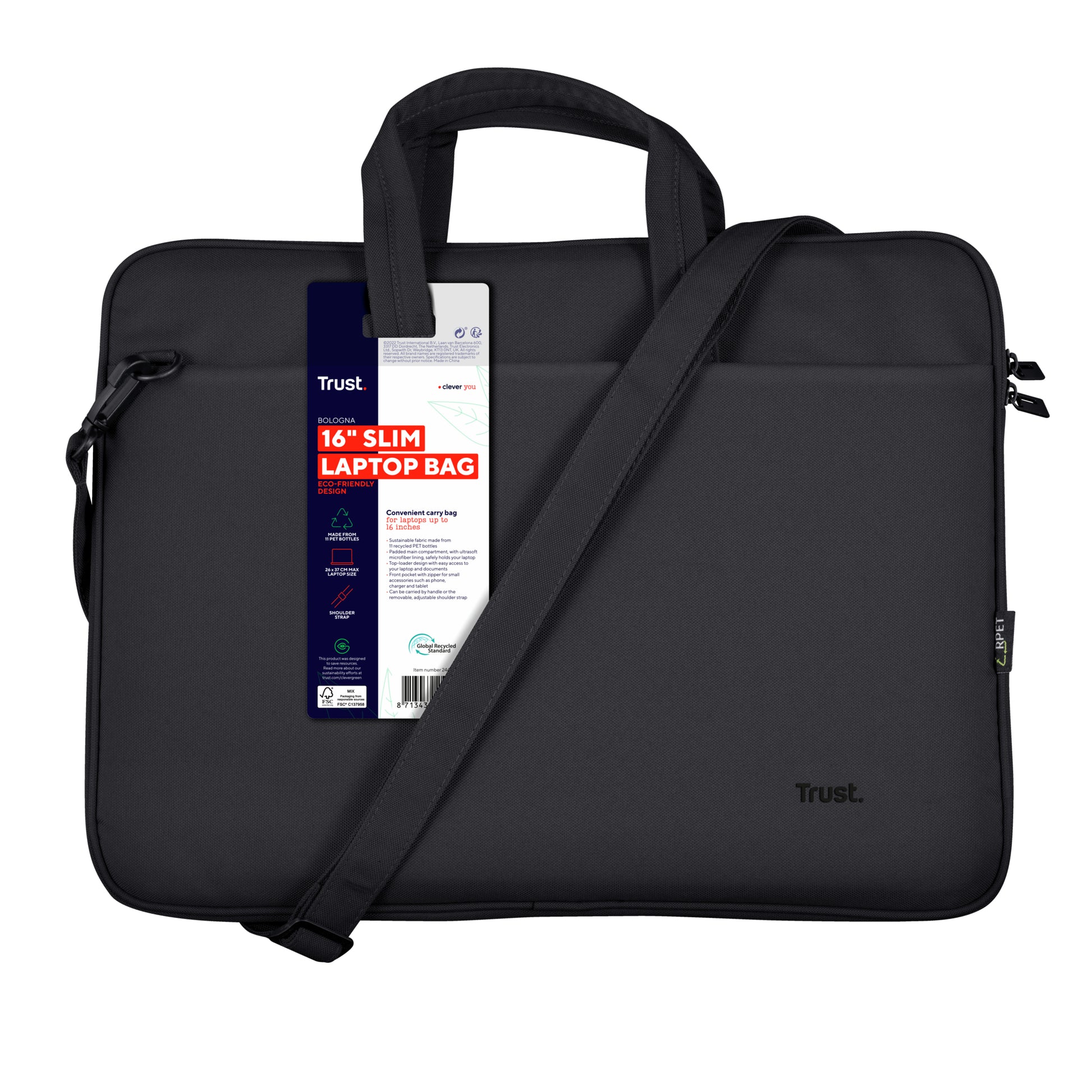 Trust Notebook-Tasche für Notebooks bis 16" – Trolley-Band, abnehmbarer Schultergurt – Schwarz