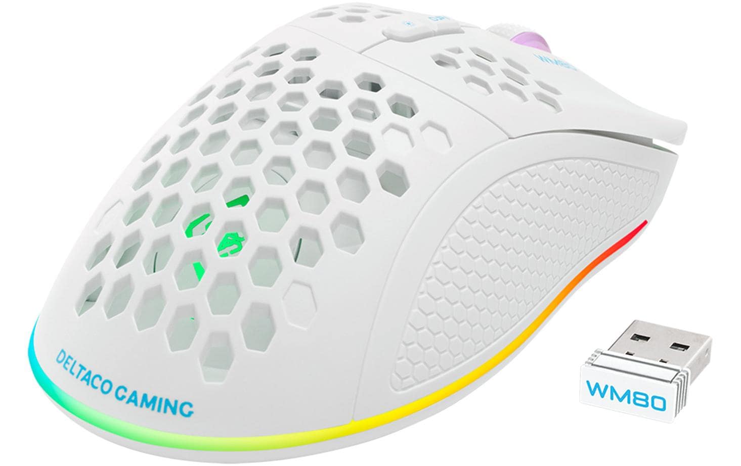 Deltaco Gaming WM80 – Gaming-Maus – Kabellos (Bluetooth/2,4 GHz), 6400 DPI, RGB-Beleuchtung, Rechtshänder, Weiss