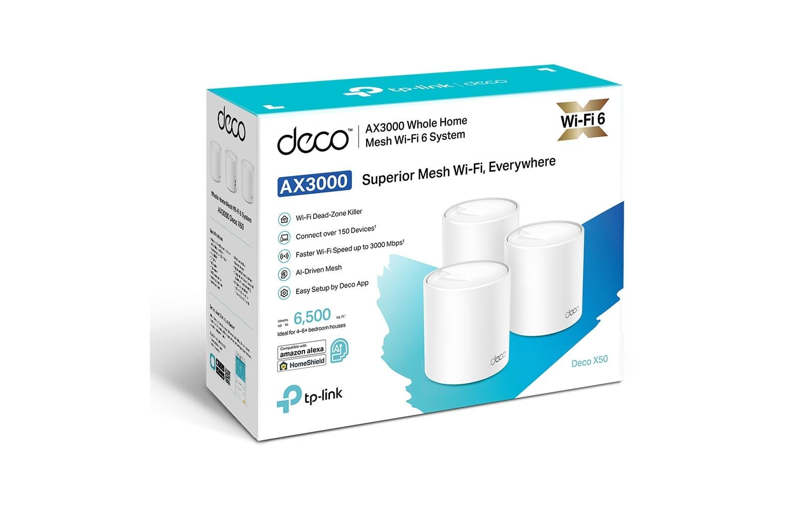 TP-Link AX3000 Mesh-Set (3er) – Wi-Fi 6 (AX3000), Dual-Band (2,4/5 GHz), bis 2,976 Gbit/s, je 3× LAN