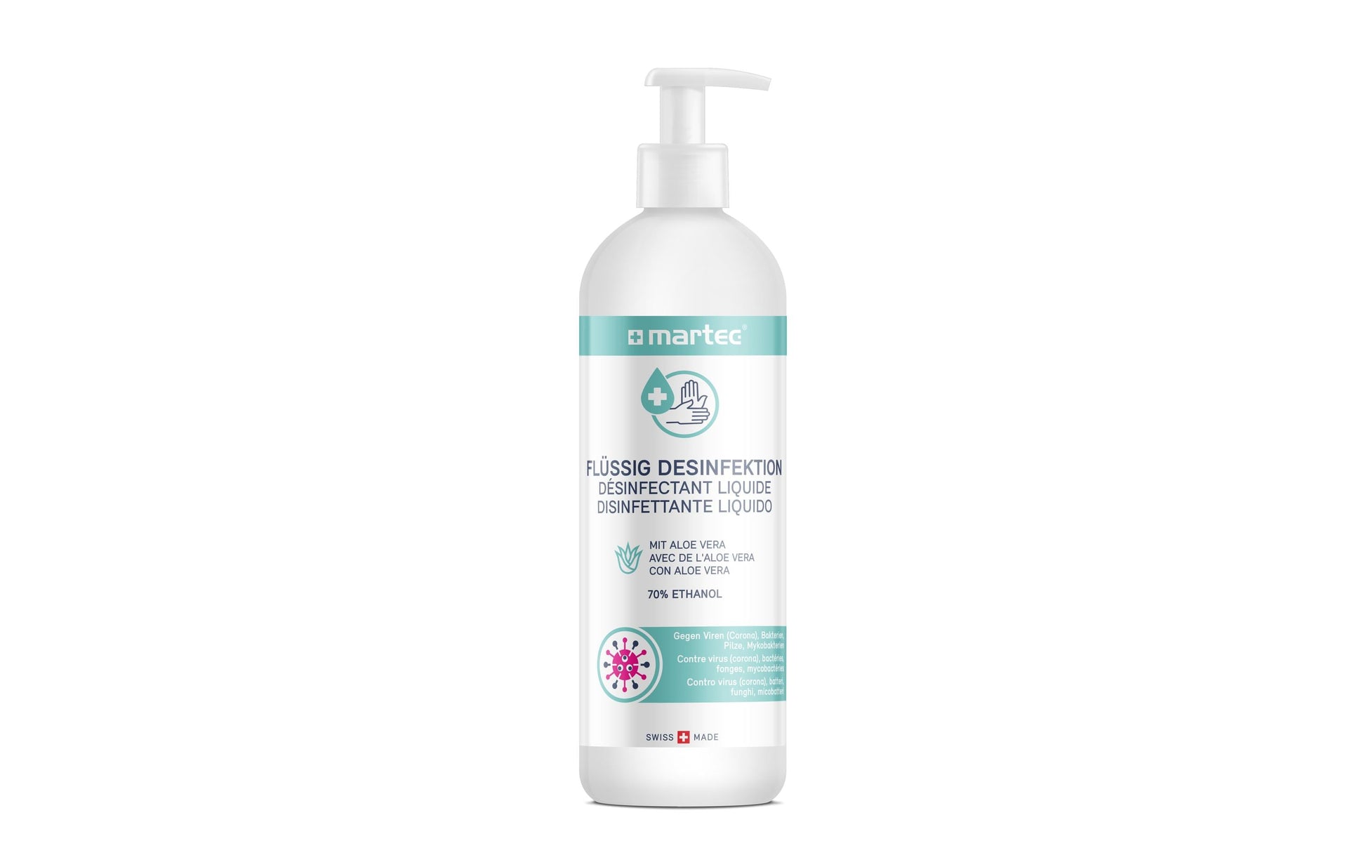 MARTEC Desinfektionsmittel – Kunststoff, weiss, 68 × 205 × 68 mm (B×H×T), 500 ml, mit Pumpe, mit Aloe vera