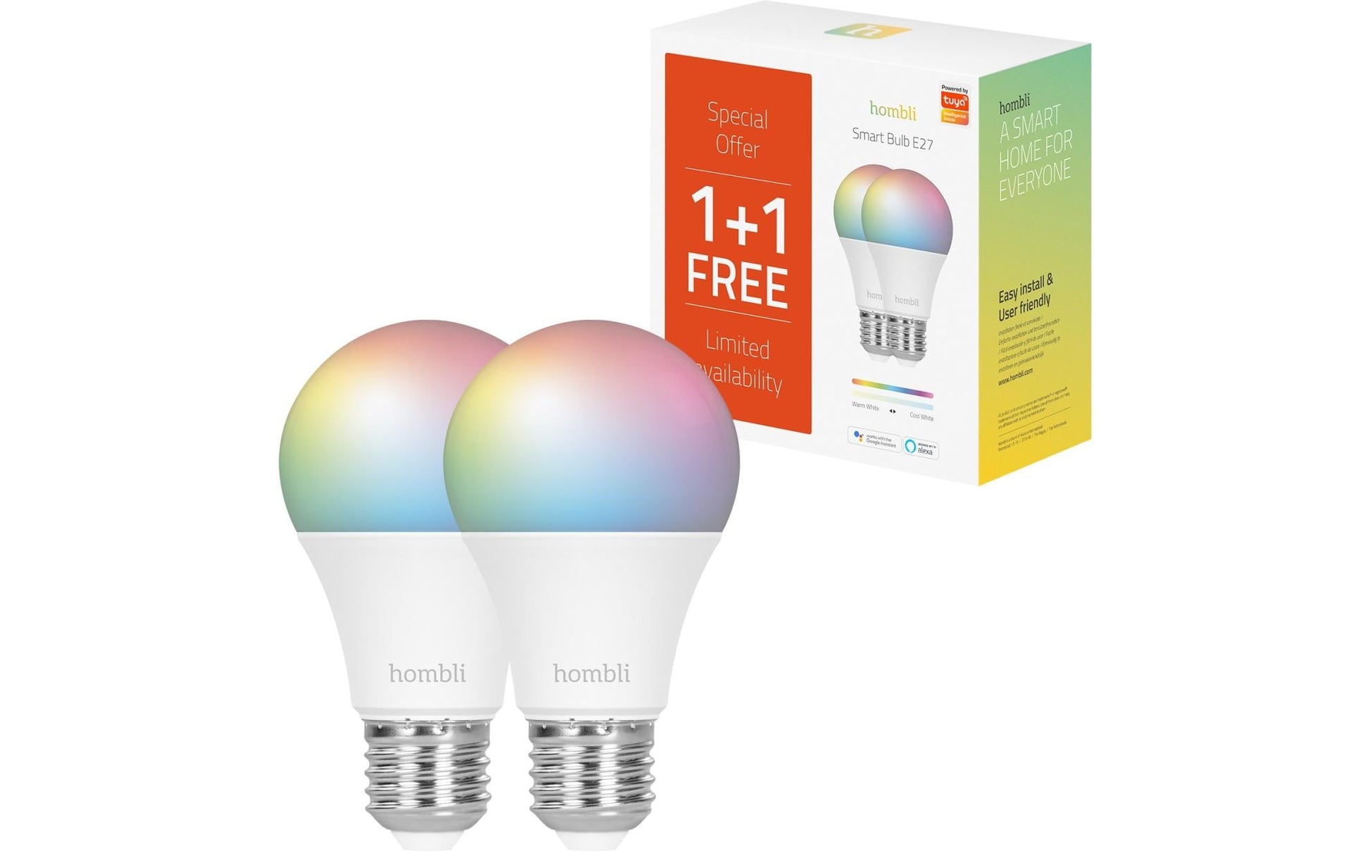 Hombli Smart-Leuchtmittel E27 – RGB+CCT, 2700–6500 K, 800 lm, WLAN – für Alexa, Google Assistant – 2 Stk.