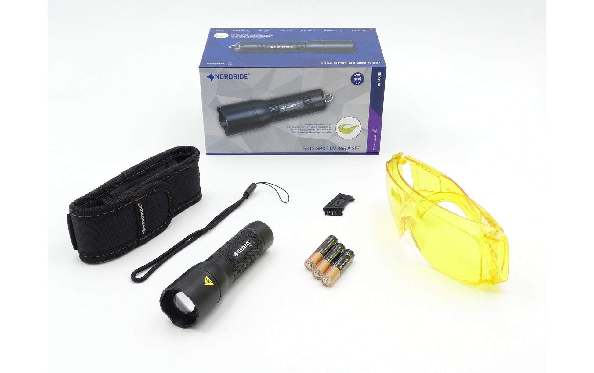 NORDRIDE Taschenlampe UV 365A – 320 lm, 28 m, IP65, 3× AAA – Schwarz