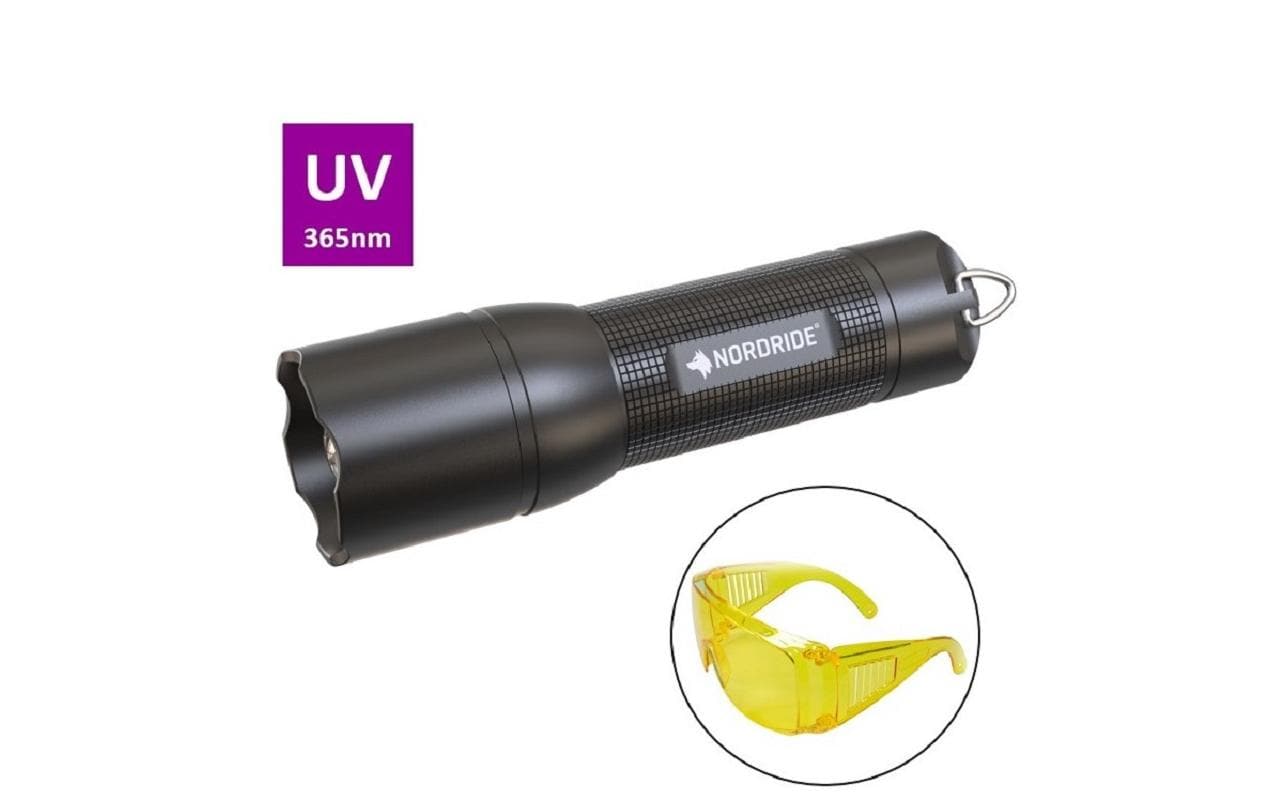 NORDRIDE Taschenlampe UV 365A – 320 lm, 28 m, IP65, 3× AAA – Schwarz