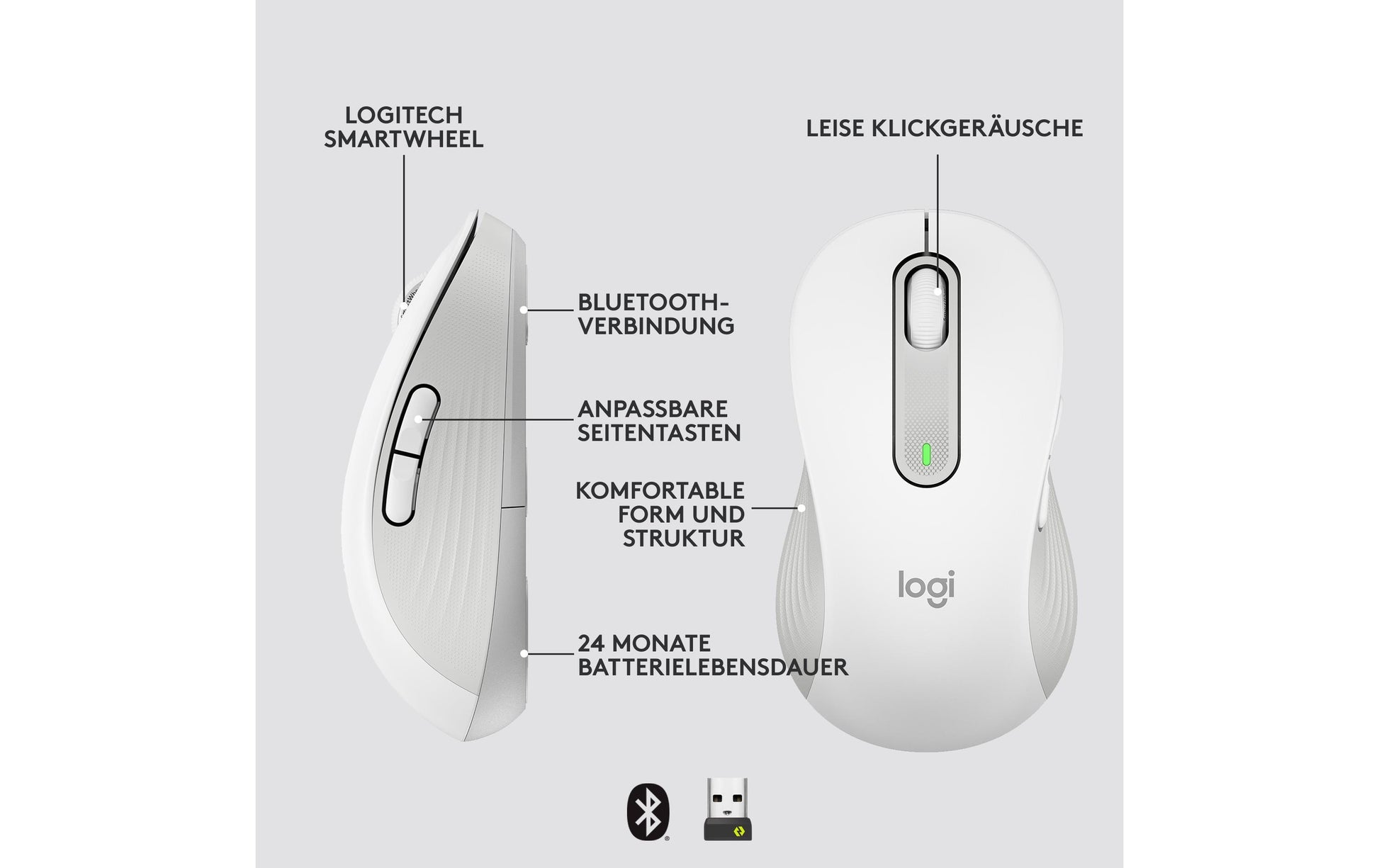 Logitech M650 L Maus – kabellos, für Linkshänder, für Handflächen L, weiss