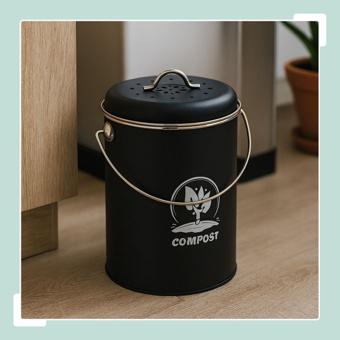 Relaxdays Komposteimer – 5,5 l – Eisen, rund – silber/schwarz – mit Filter