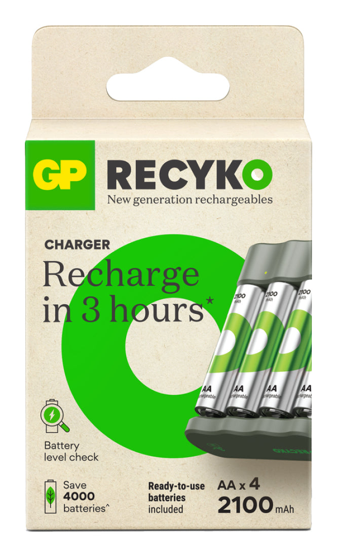 GP Batteries B421 Batterieladegerät 4× – für NiMH AA – inkl. 4× AA 2100 mAh, USB, grau