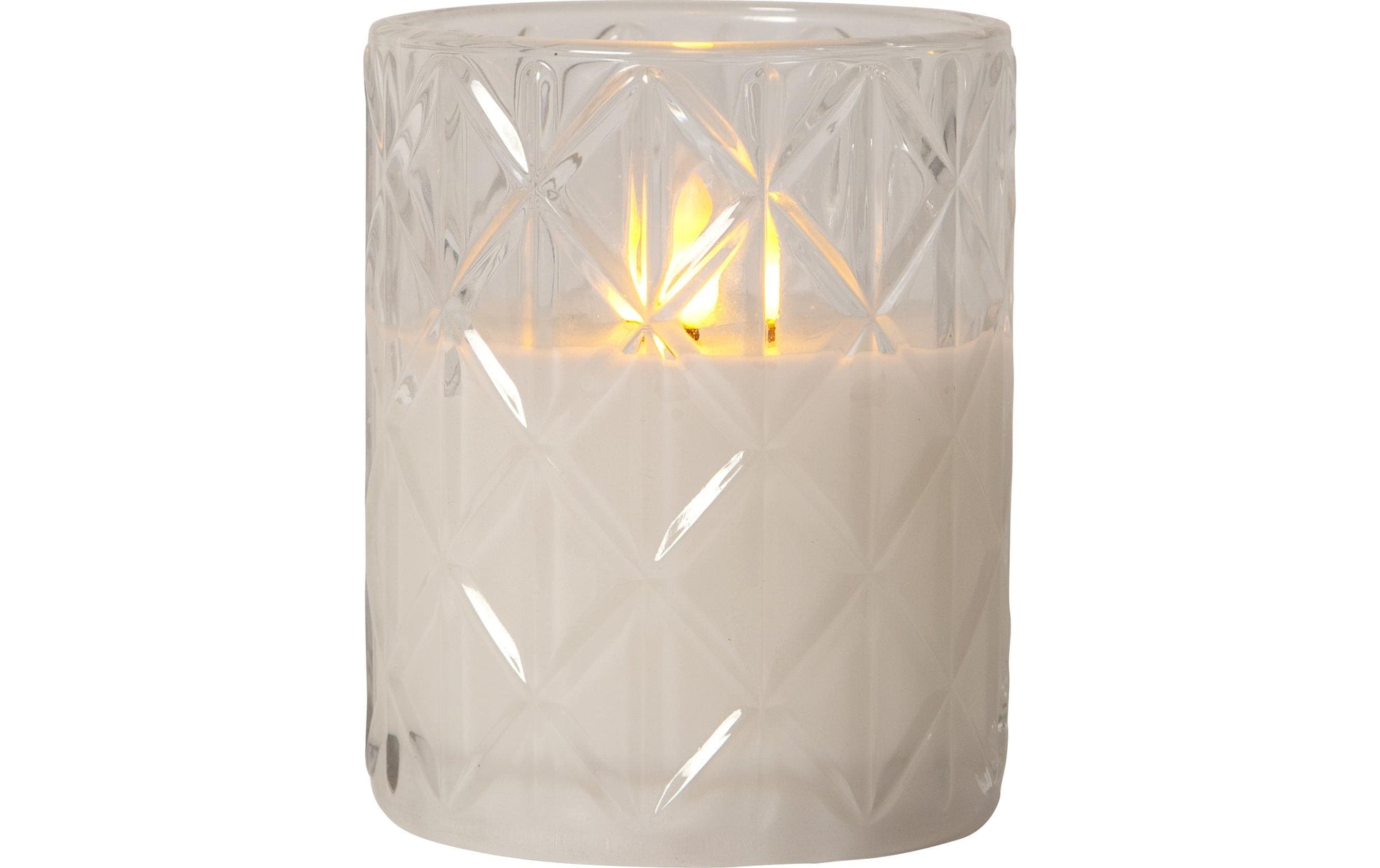 Star Trading LED-Kerze Romb – Ø 10 × 12,5 cm, 0,03 W, Warmweiss, Timer 6/18 h, flackernd, 2×AA, transparent
