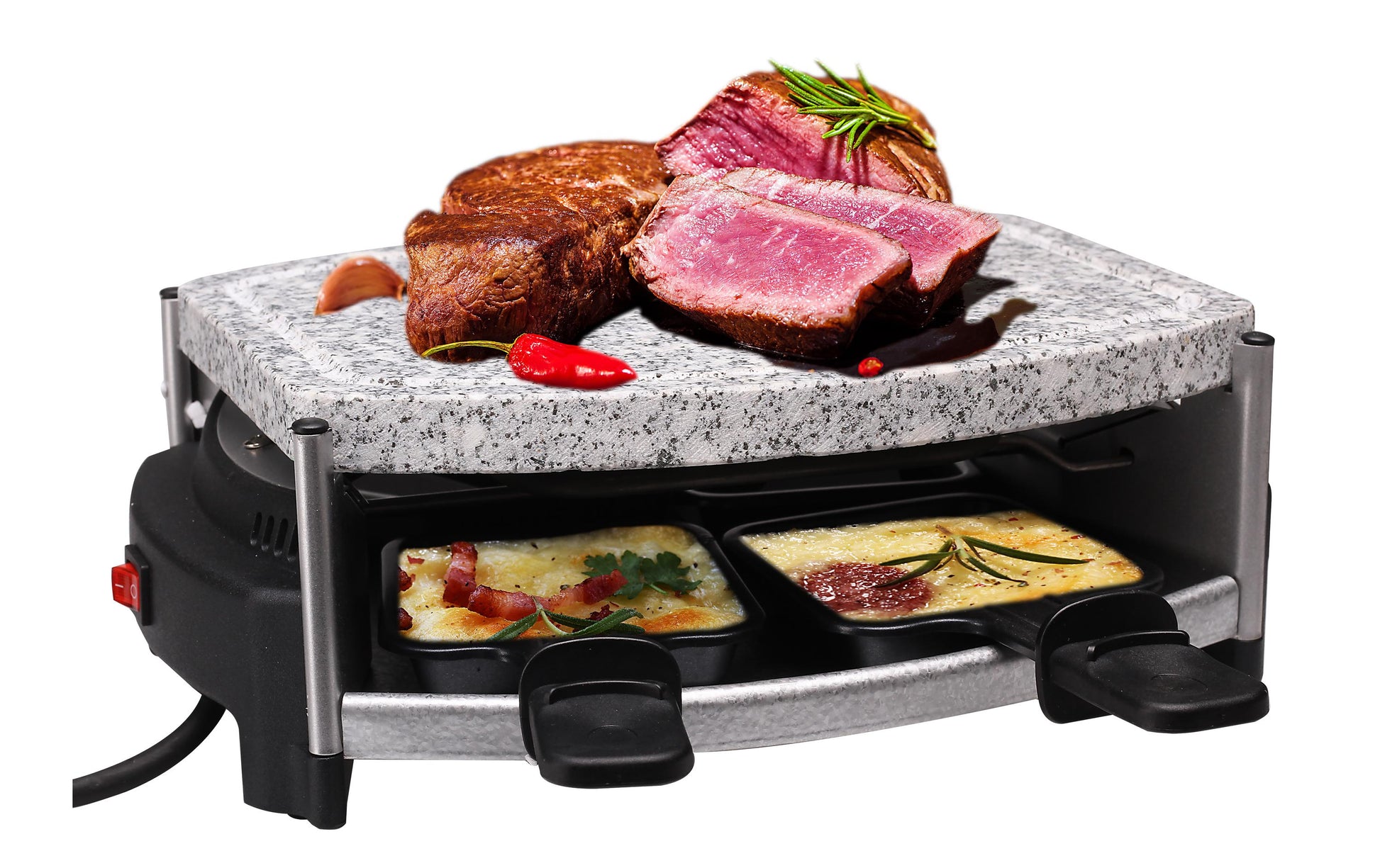 Nouvel Raclette-Grill – 4 Personen, Kaltzone, 500 W, Speckstein-Grillplatte – Schwarz