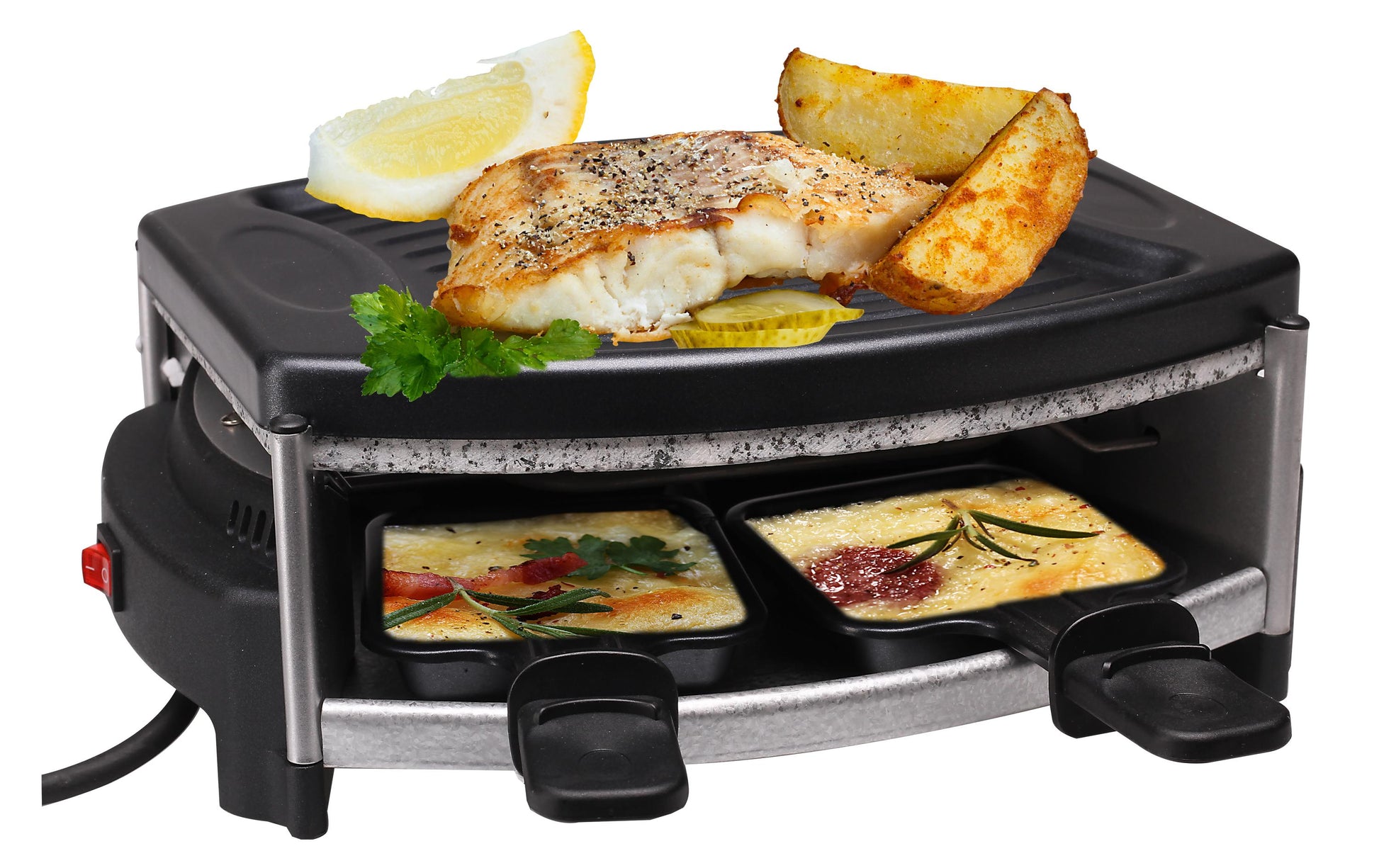 Nouvel Raclette-Grill – 4 Personen, Kaltzone, 500 W, Speckstein-Grillplatte – Schwarz