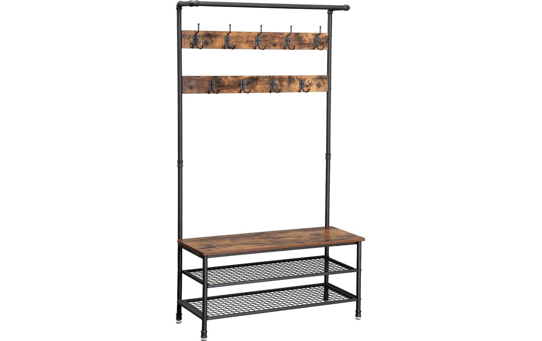 Vasagle Garderobe mit Schuhregal – 9 Haken, Stahl/Spanplatte, Schwarz/Braun, 100 × 41,5 × 182 cm