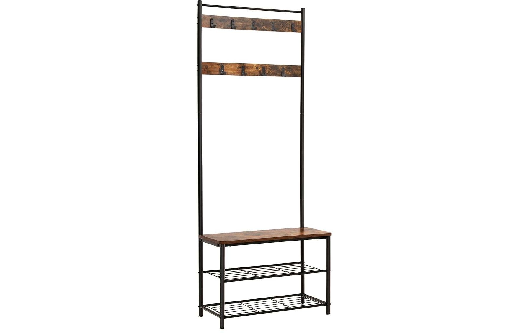 Vasagle Garderobe mit Schuhregal – 10 Haken, Spanplatte, Braun/Schwarz, 70 × 32 × 175 cm
